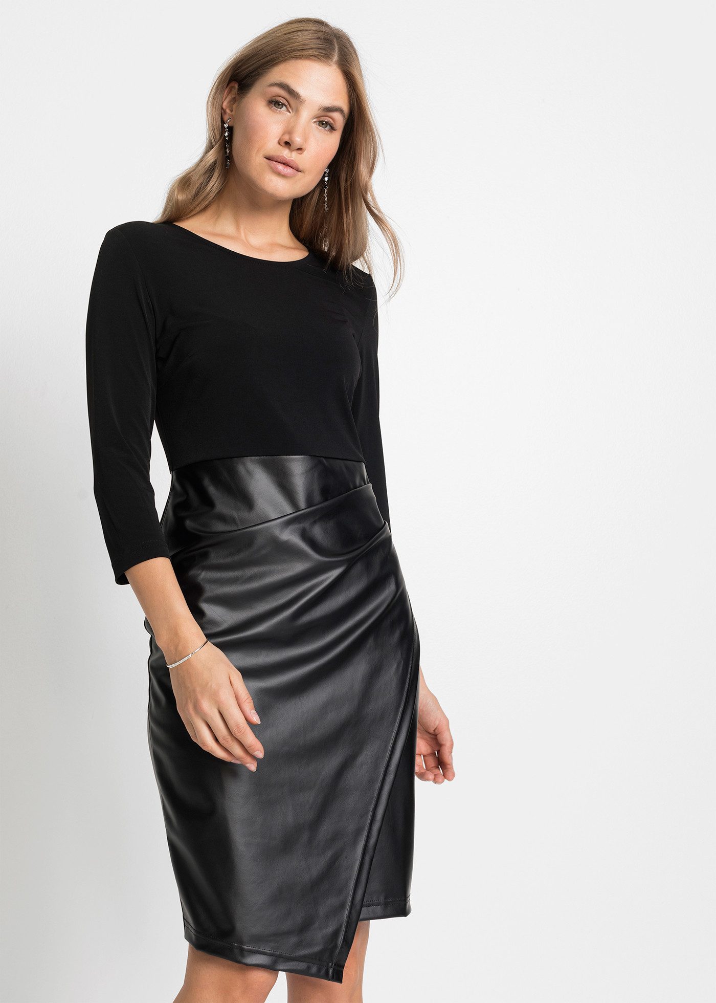 bonprix Etuikleid mit Rock in Wickeloptik, Mix aus Jersey und Lederimitat günstig online kaufen