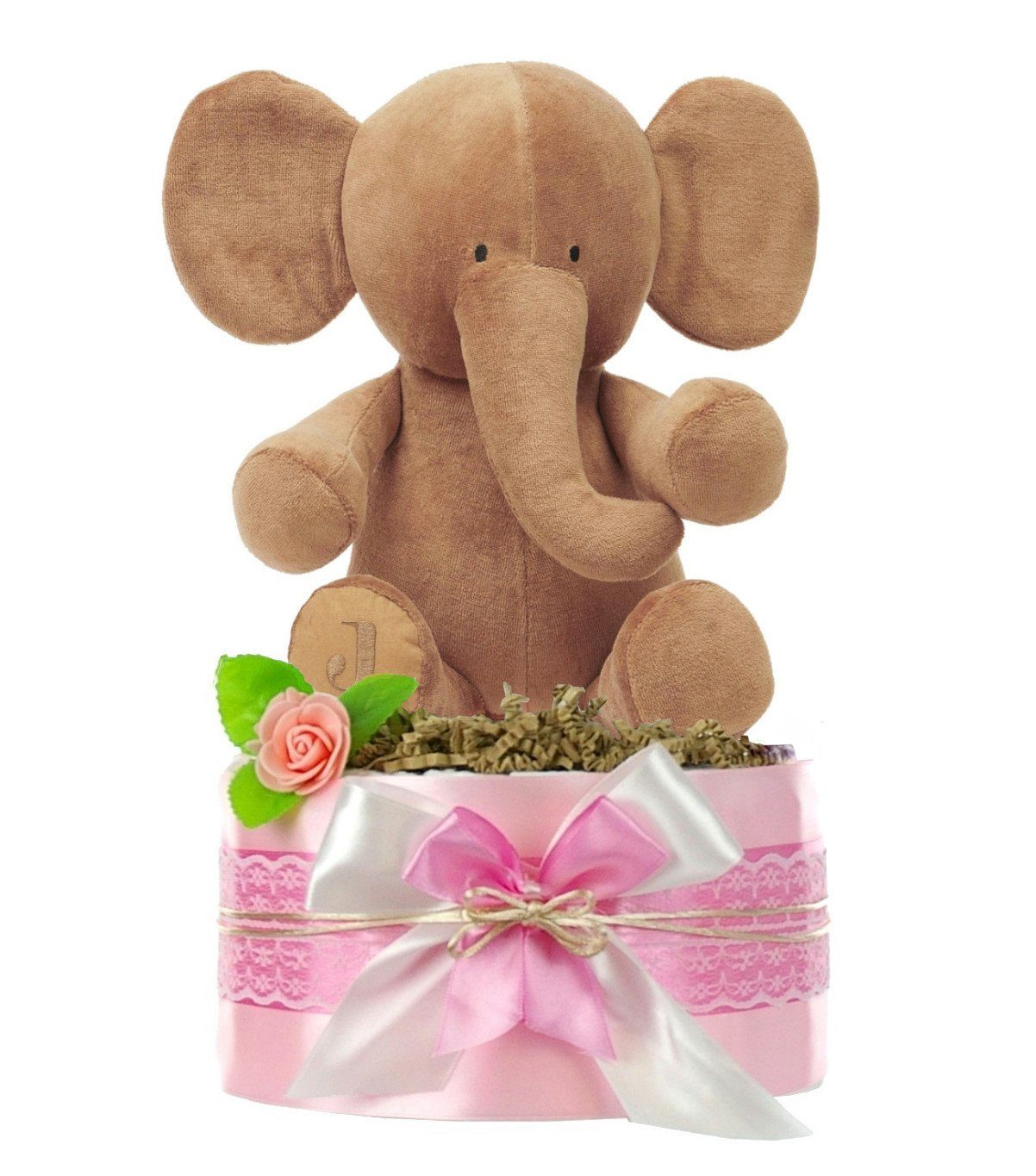 dubistda-WINDELTORTEN- Neugeborenen-Geschenkset Windeltorte Mädchen LITTLE PEANUT + kuscheliger Elefant, Babyparty | Erstausstattungspakete