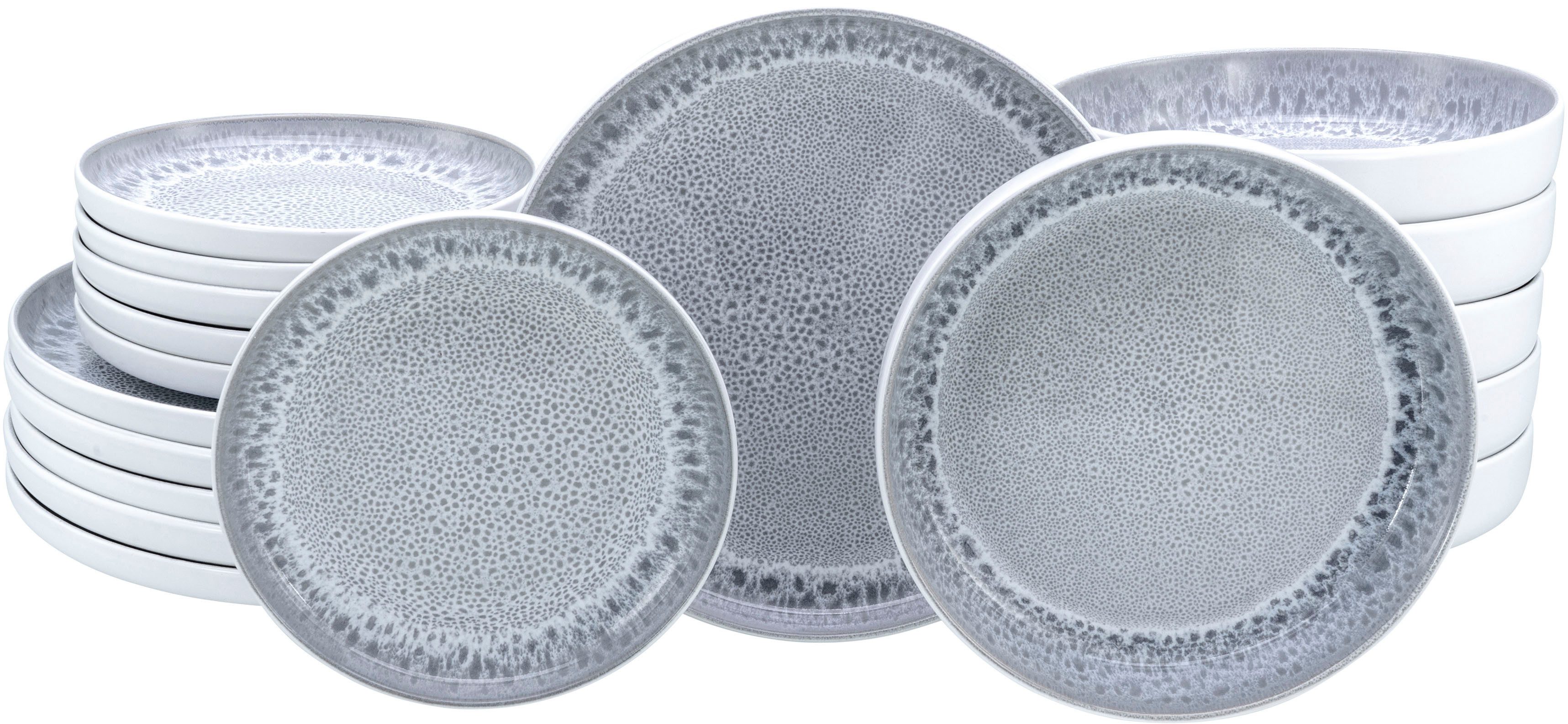 OTTO home Teller-Set modernes Geschirr-Set, Service Lykk (18-tlg), 6 Personen, Steinzeug, hohe Haltbarkeit, spülmaschinen- & mikrowellengeeignet, Reaktivglasur