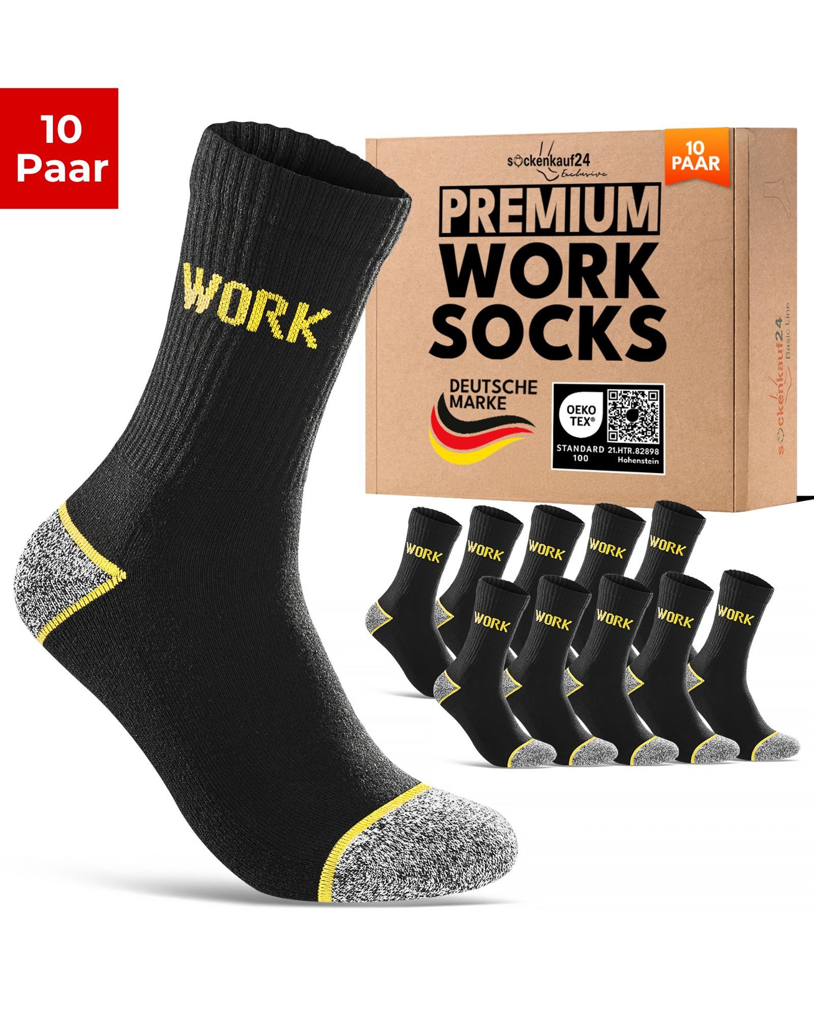 sockenkauf24 Arbeitssocken Herren Premium WORK Socken mit Komfortbund verstärkt gepolsterte Sohle (10-Paar) ohne Naht aus 85% gekämmter Baumwolle, Ferse & Fußspitze verstärkt