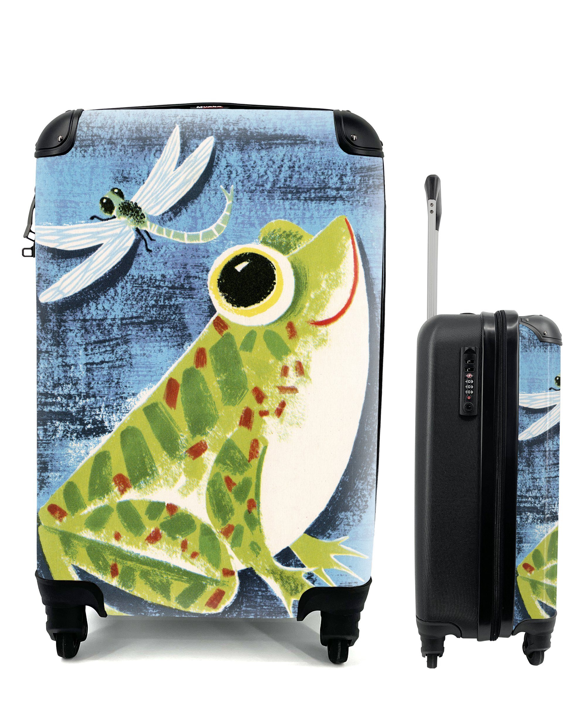 MuchoWow Handgepäckkoffer Frosch - Libelle - Blau, 4 Rollen, Reisetasche mit rollen, Handgepäck für Ferien, Trolley, Reisekoffer