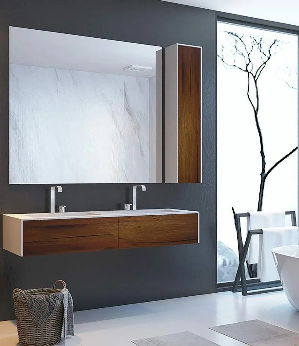 Henneke Doppelwaschtisch Corian® WoodOne eckig mit Unterschrank einreihig