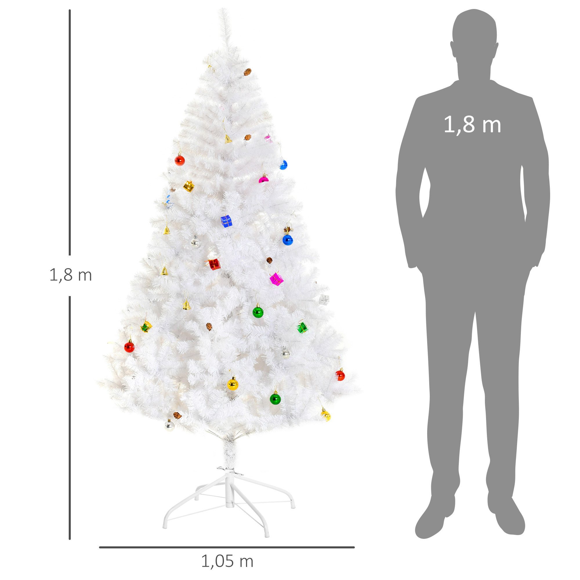 HOMCOM Künstlicher Weihnachtsbaum Kugeln und Glocken mit 680 Spitzen, 12 Tannenzapfen für drinnen, Fichte, WeChristbaum Tannenbaum 180cm mit Ständer inkl. Dekor, weiß