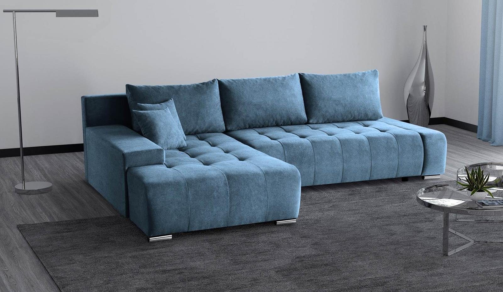 Beautysofa Ecksofa Ecksofa Sofa DRACO mit Schlaffunktion, Bettkasten Couch Wohnzimmer Blau (aston 12)