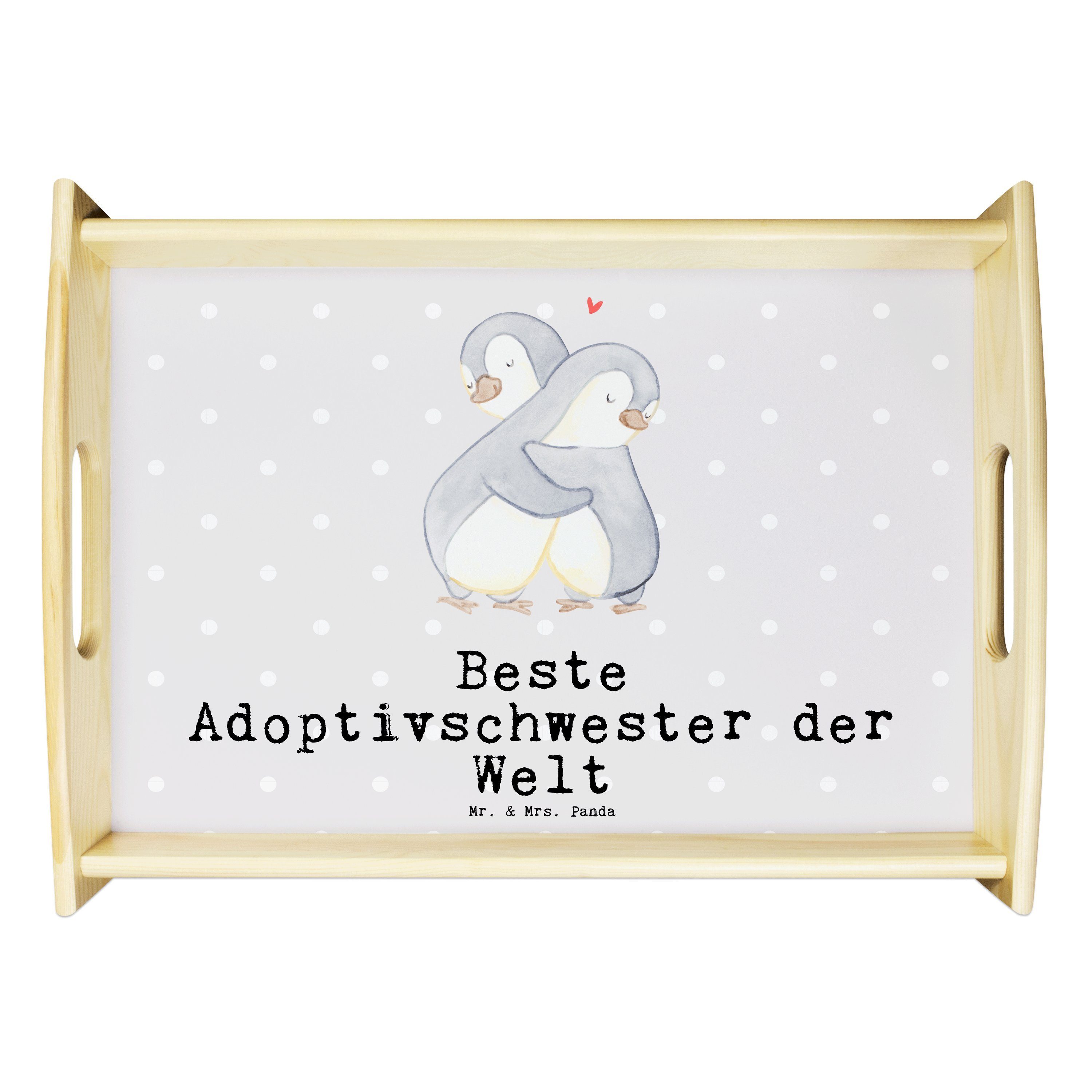 Mr. & Mrs. Panda Tablett Pinguin Beste Adoptivschwester der Welt - Grau Pastell - Geschenk, Fr, Echtholz lasiert, (1-tlg)
