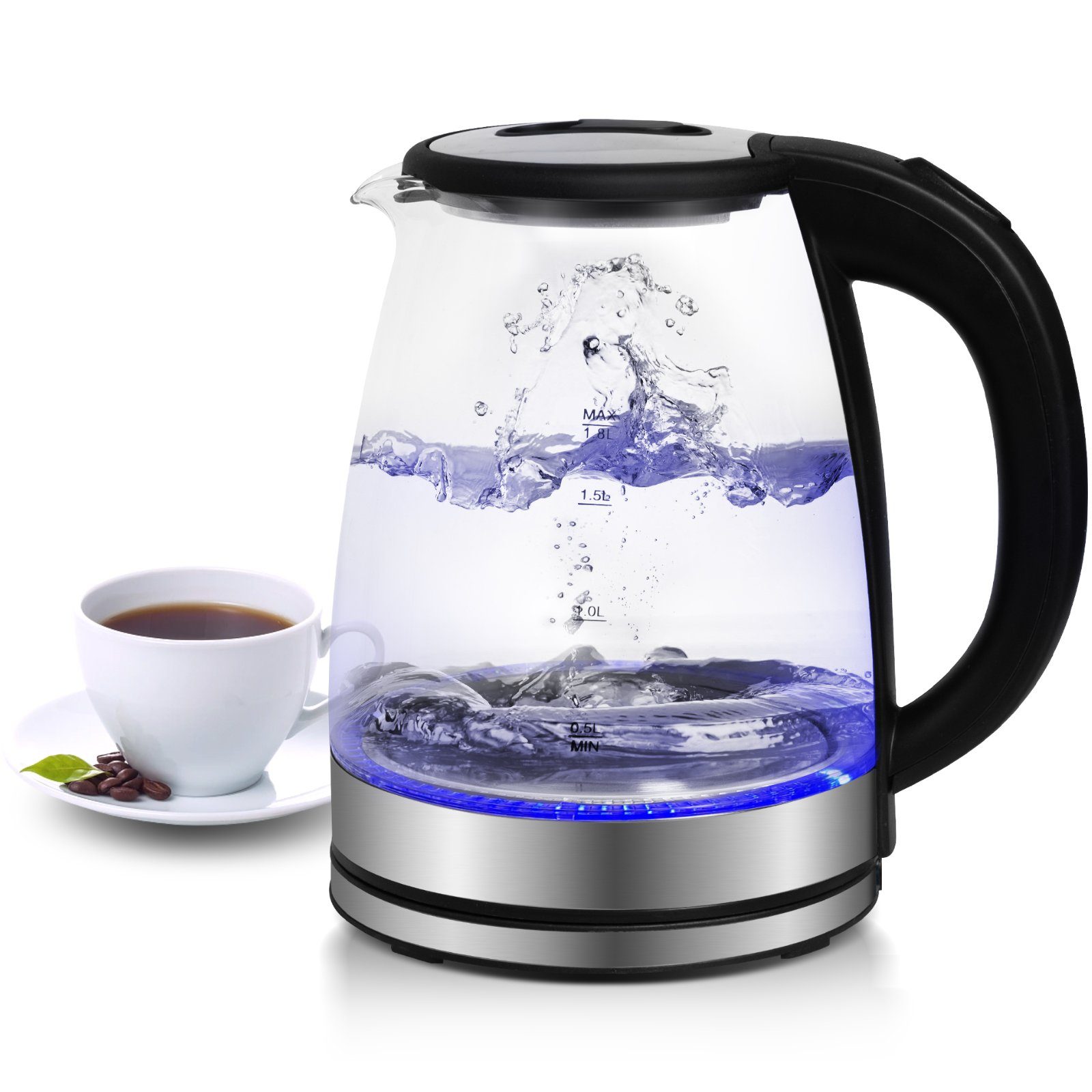 Wasserkocher GLSH25 Glaswasserkocher LED-Beleuchtung 360° Edelstahl Sockel