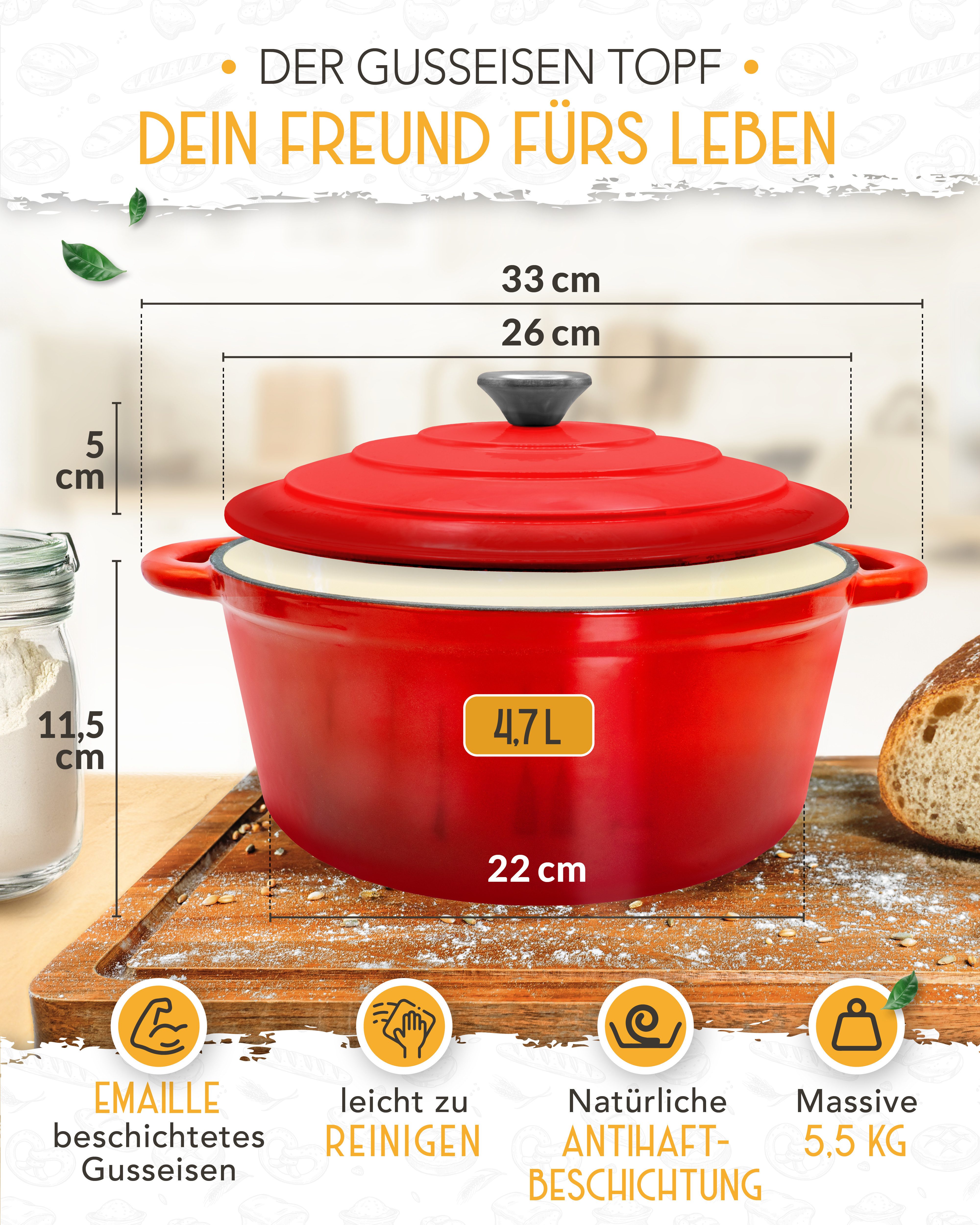 Krustenzauber Kasserolle Gusseisen Topf als Kochtopf, Schmortopf oder Brotbackform – Bild 4 von 5