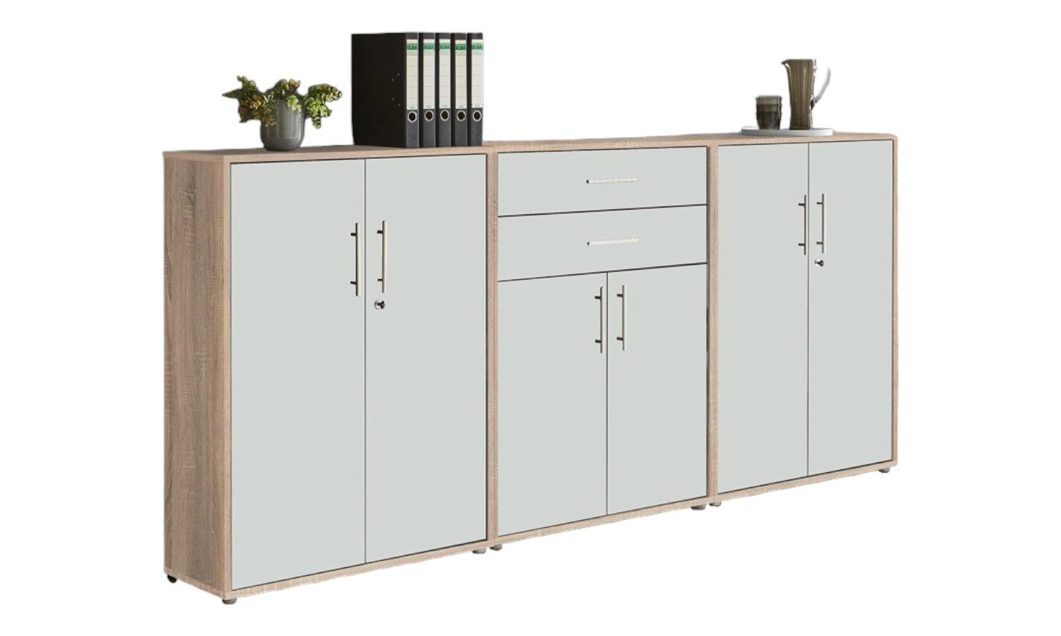 BMG Möbel Aktenschrank Office Edition (Set 15, Büroschrank abschließbar mit Metallgriffen, 2x abschließbarer Aktenschrank, 1x Schubkastenschrank) BxHxT:253,2 x 113,6 x 33 cm, Made in Germany