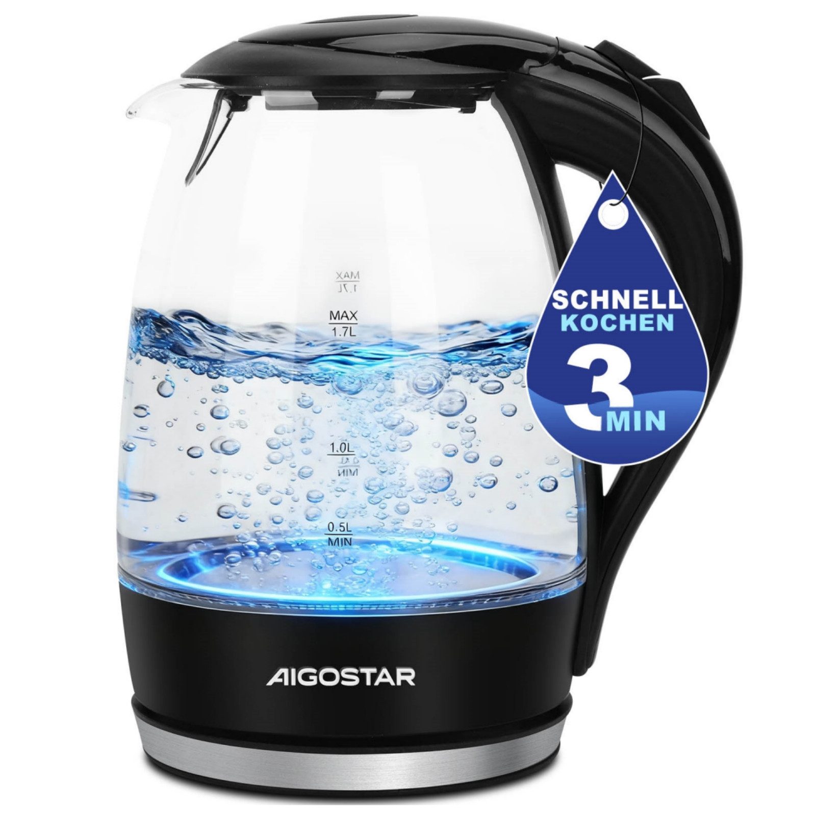 Aigostar Wasserkocher Glas mit Kalkfilter, Glaswasserkocher LED-Beleuchtung, 100% BPA Frei, 1.7 l, 2200,00 W, 360° Edelstahl Sockel, Trockenaufschutz