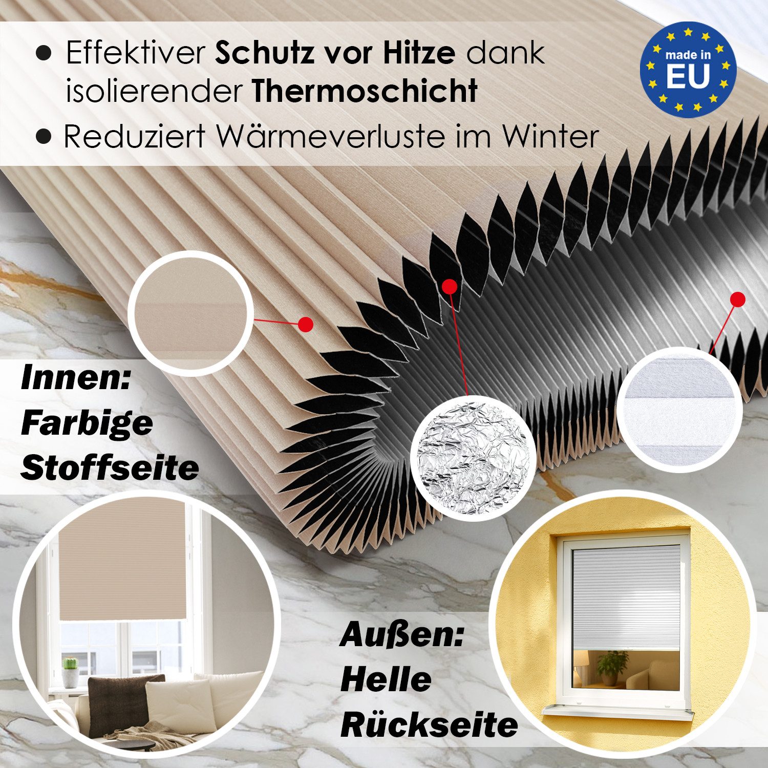 DomDeco Wabenplissee Thermo Plissee ohne Bohren - Hitzeschutz, Verdunkelung, verspannt, abdunkelnd, Klemmfix, stufenlos, kälteschutz, modernes Fensterplissee