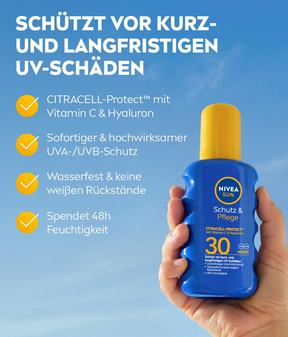 Nivea Sonnenschutzspray Sun Schutz & Pflege Sonnenspray LSF 30 200ml, 1-tlg.