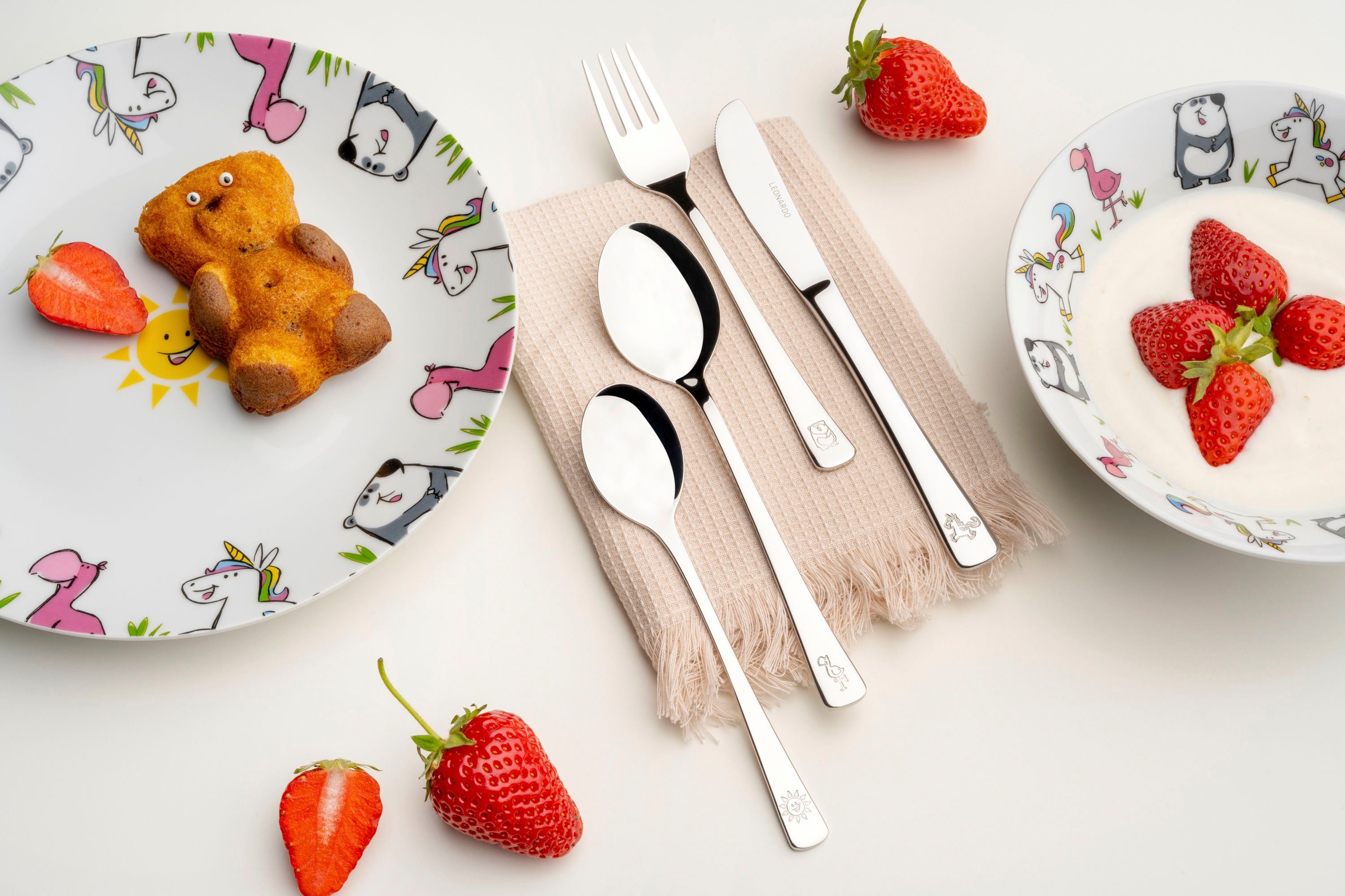 LEONARDO Kinderbesteck BAMBINI (4-tlg), Edelstahl 18/10, Panda, Einhorn, Flamingo