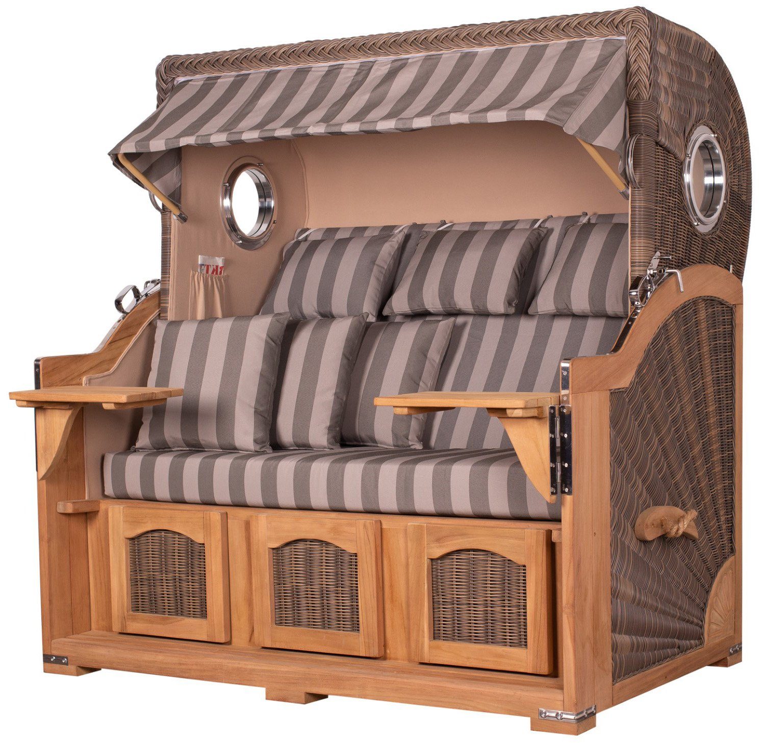 bene living Strandkorb Ammersee 3-Sitzer Teak - PE grau - Modell 537, BxTxH: 170x95x170 cm, Volllieger ca. 175 Grad, Ostsee-Strandkorb Komplettset, inkl. Liftersystem und Bullaugen