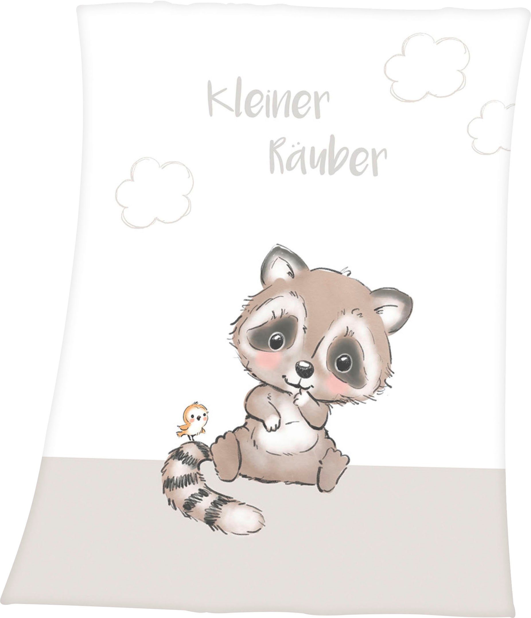 Babydecke Kleiner Räuber, Baby Best, mit niedlichem Waschbär Motiv und Schriftzug, Kuscheldecke