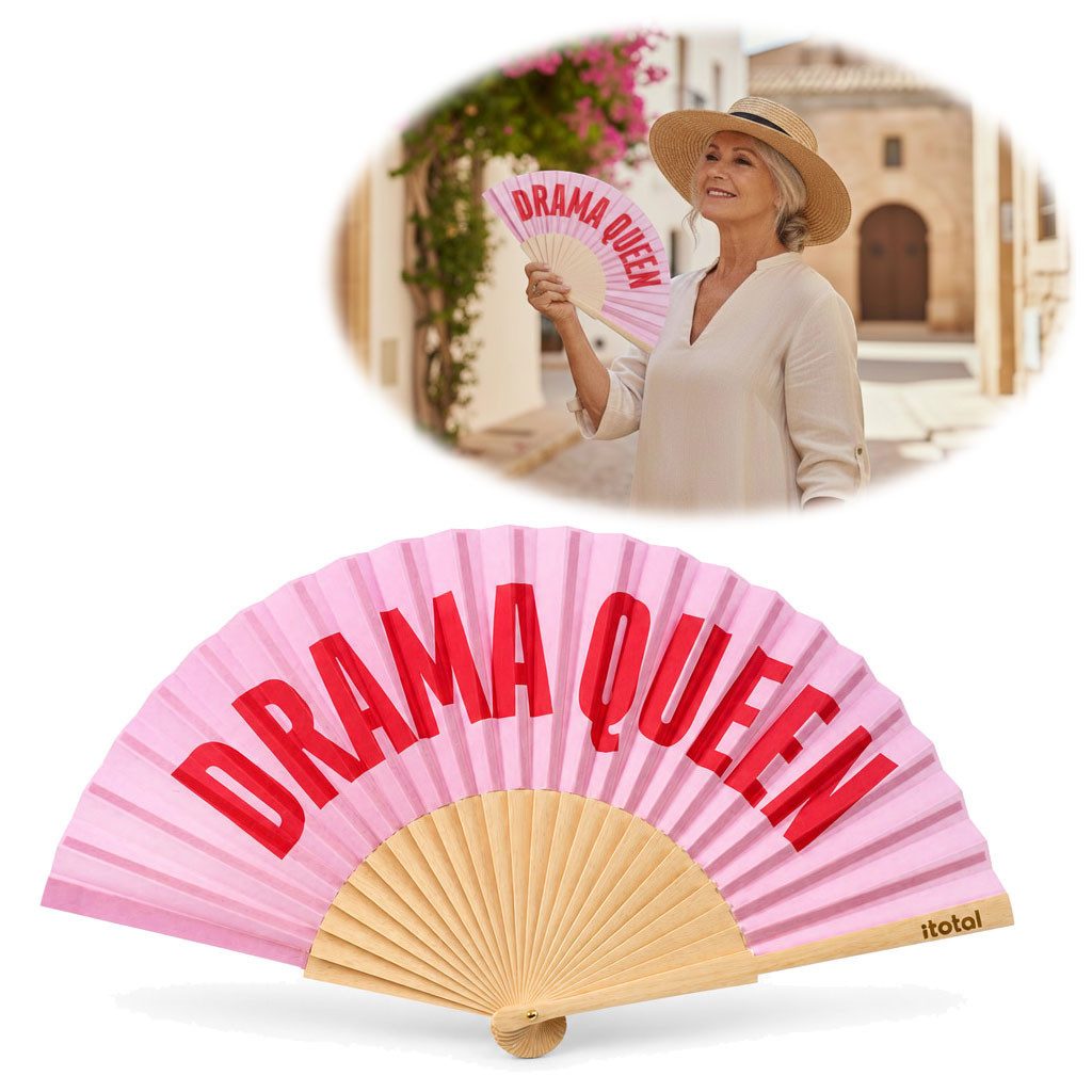 LS-LebenStil Handfächer Holz Stoff Fächer "Drama Queen" Rosa Rot faltbar Faltfächer, (hochwertig aus Holz mit Stoff und coolem lustigem Spruch, 1-tlg., Styliche Abkühlung), für Geburtstag, Hochzeit, Party oder als Wand Dekoration