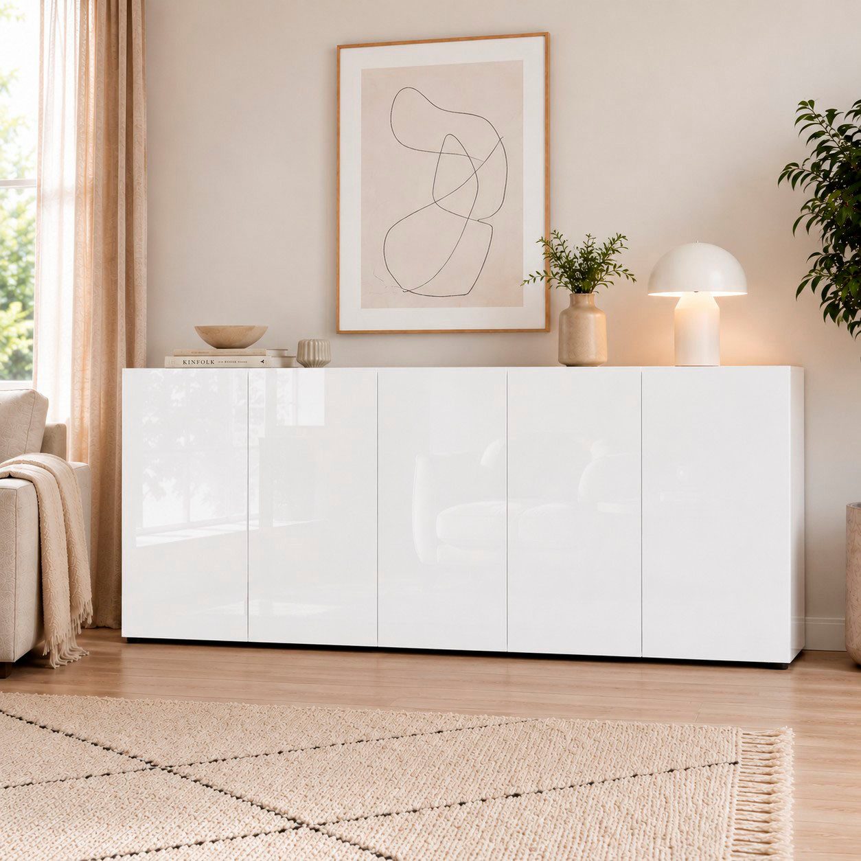 Home affaire Sideboard MISTER – Schrank, Kommode, 225 cm breit, 80 cm hoch, Made in Italy, komplett Hochglanz lackiert, 5 Türen, 6 Fächer
