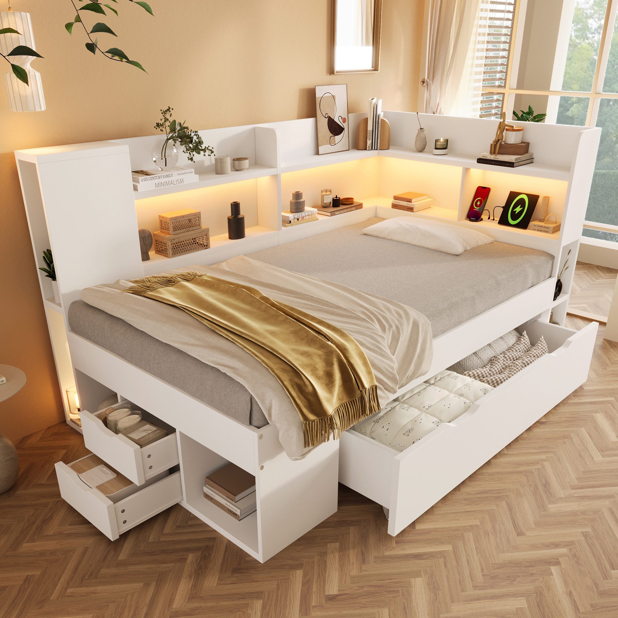 Flieks Daybett, Holzbett 90x200cm mit USB&Typ-C, LED, Stauraumregal und Schublade