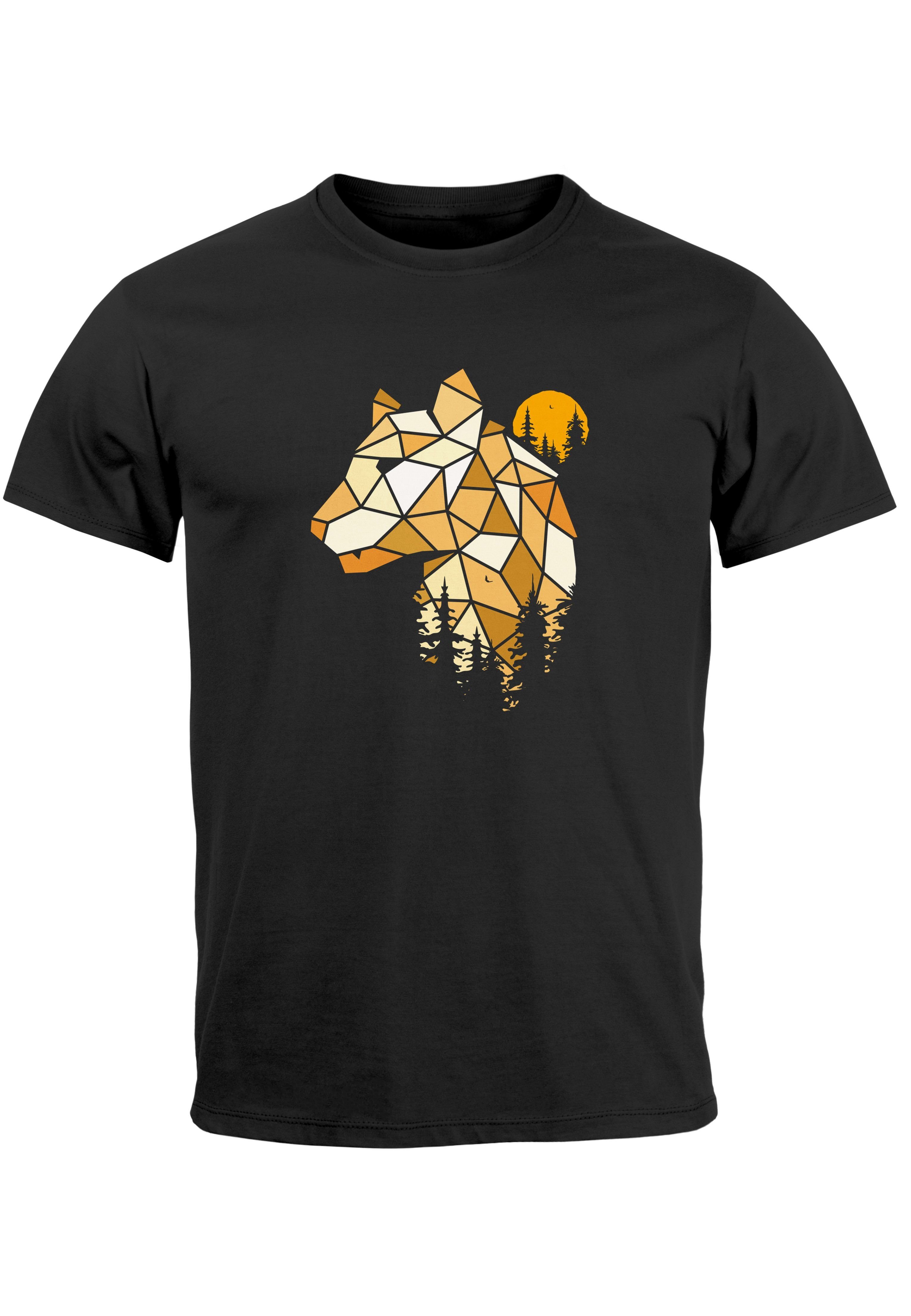 Neverless Print-Shirt Herren T-Shirt schwarz Outdoor Fashion Motiv Wald Tiere Print Luchs Au Polygon mit Print