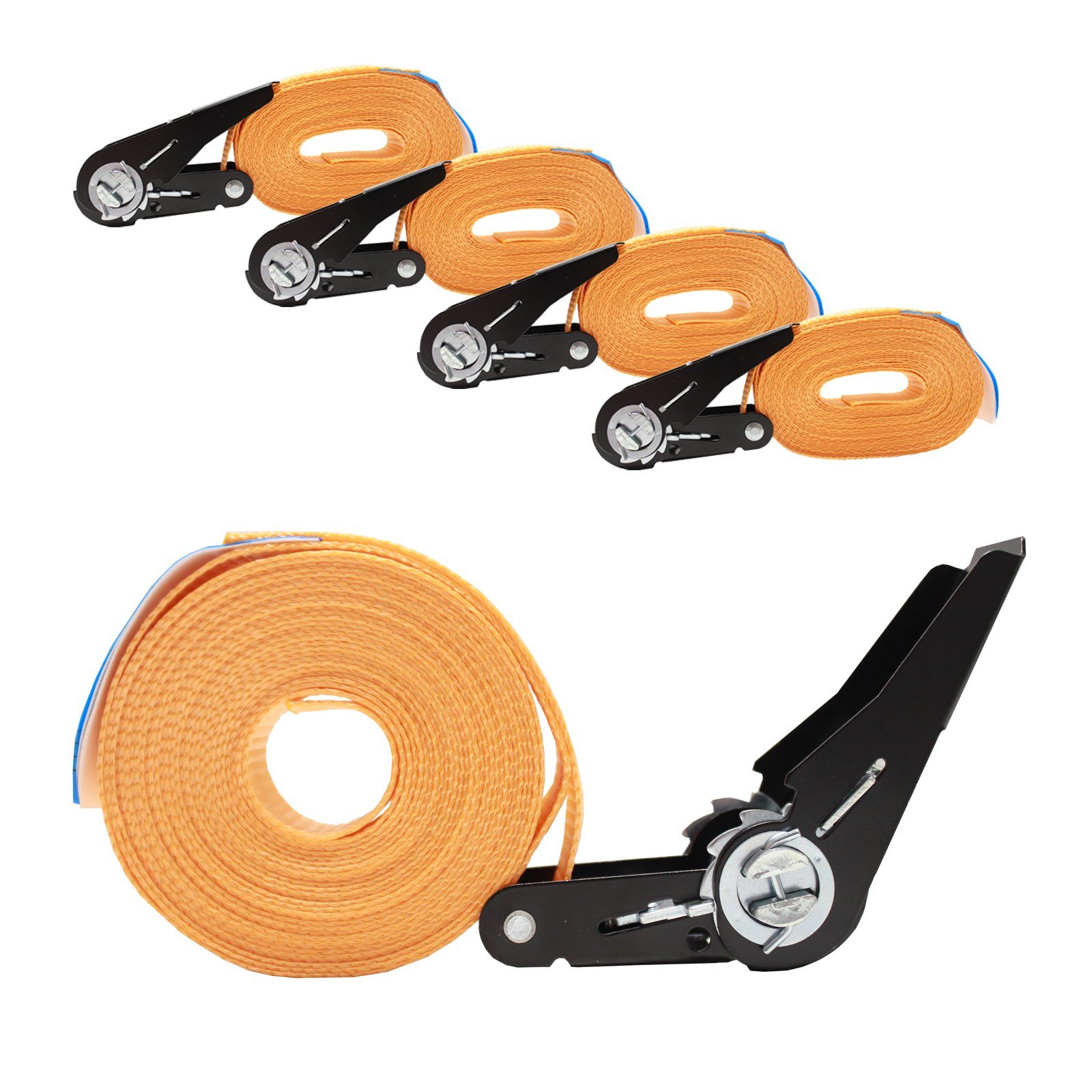 Spanngurt 4x Spanngurt mit Ratsche 6m einteilig 800kg 0,8t orange