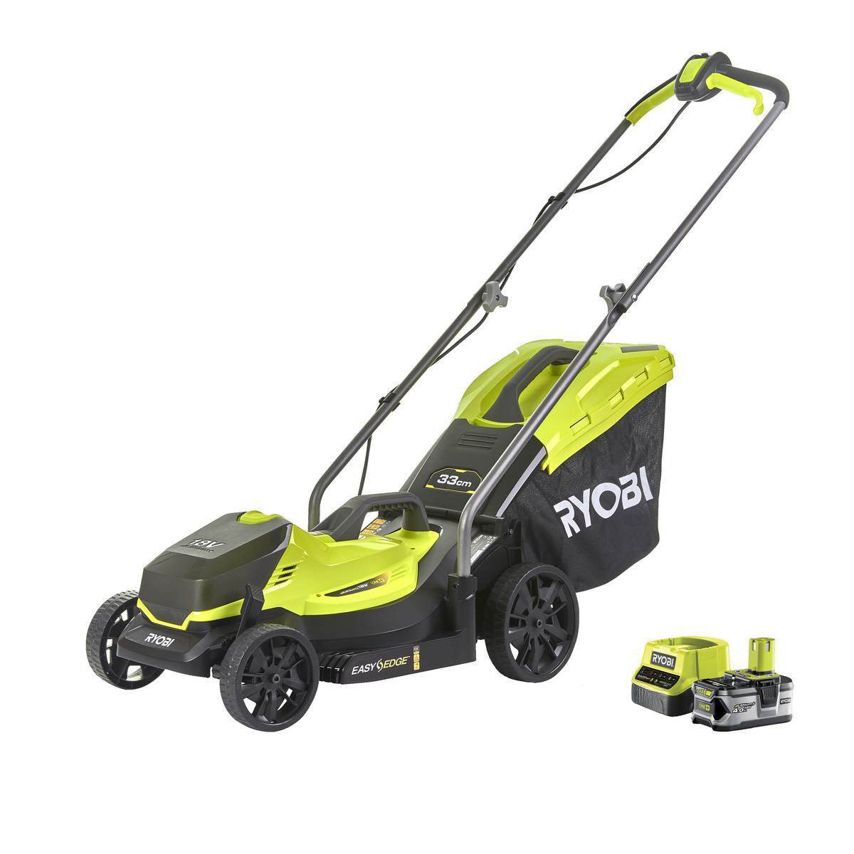 Ryobi Akkurasenmäher Akku-Rasenmäher ONE+ 18 V, 33 cm Schnittbreite, inkl 1x4,0 Ah Akku & L, (Komplett-Set)