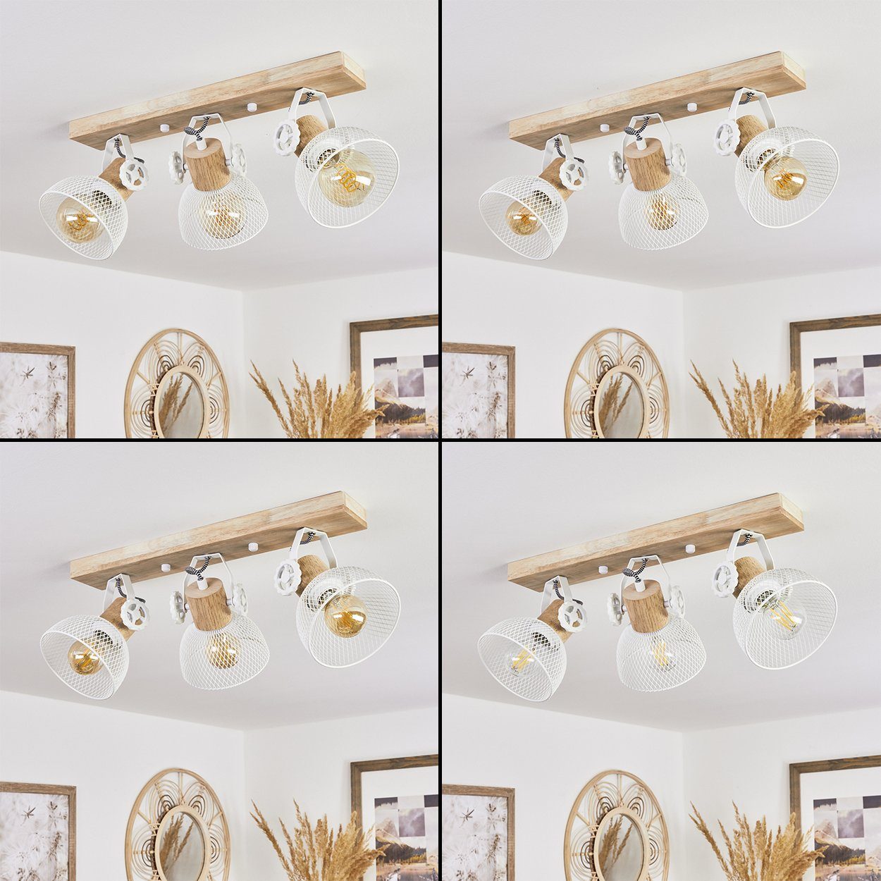 hofstein Deckenleuchte »Cotes« Deckenlampe aus Holz/Metall, Natur/Weiß Schirme, Gitter-Optik, ohne Leuchtmittel, Leuchte m. Holzbalken, Textilkabeln u. verstellbaren Strahlern, 3xE27