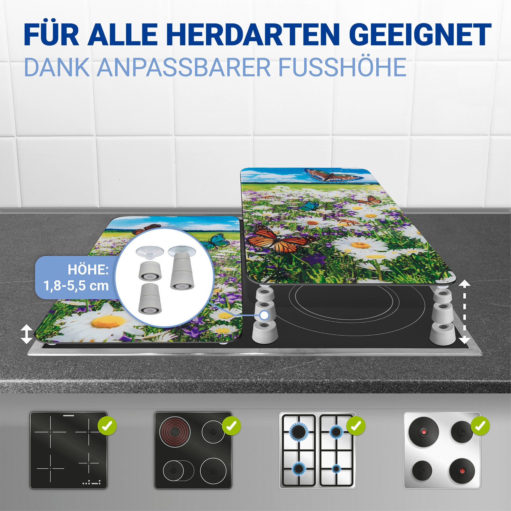 WENKO Herd-Abdeckplatte Universal Modell Sommerwiese, Glas, (Set, 2 tlg), Herdabdeckung für alle Herdarten, kratzfest, mit rutschfesten Füßen