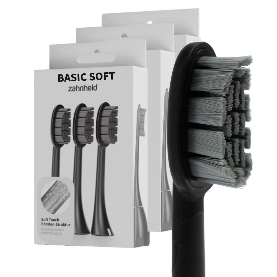 Zahnheld Aufsteckbürsten Ersatzbürsten Basic Soft - ideal für Schallzahnbürste Gero, im 3er, 6er oder 9er Set, Zahnpflege Set, sensibles Zahnfleisch & Zähne, plastikfrei verpackt, 9 Stück, schwarz
