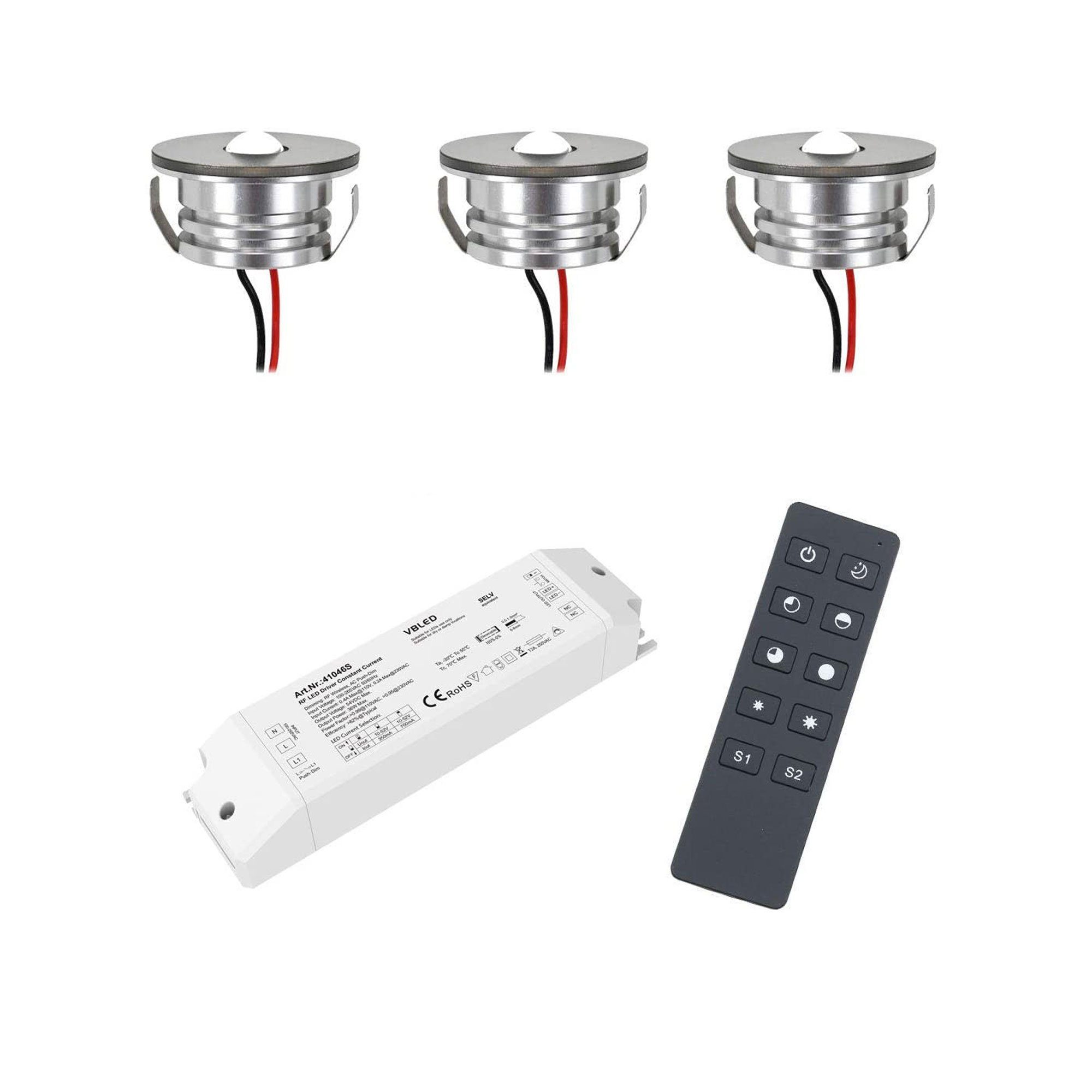 VBLED LED Einbauleuchte 3W Funk Komplettset - LED Mini Spot -  Einbaustrahler - warmweiß - dimmbar mit Funk Netzteil und Fernbedienung, LED  fest integriert, warmweiß