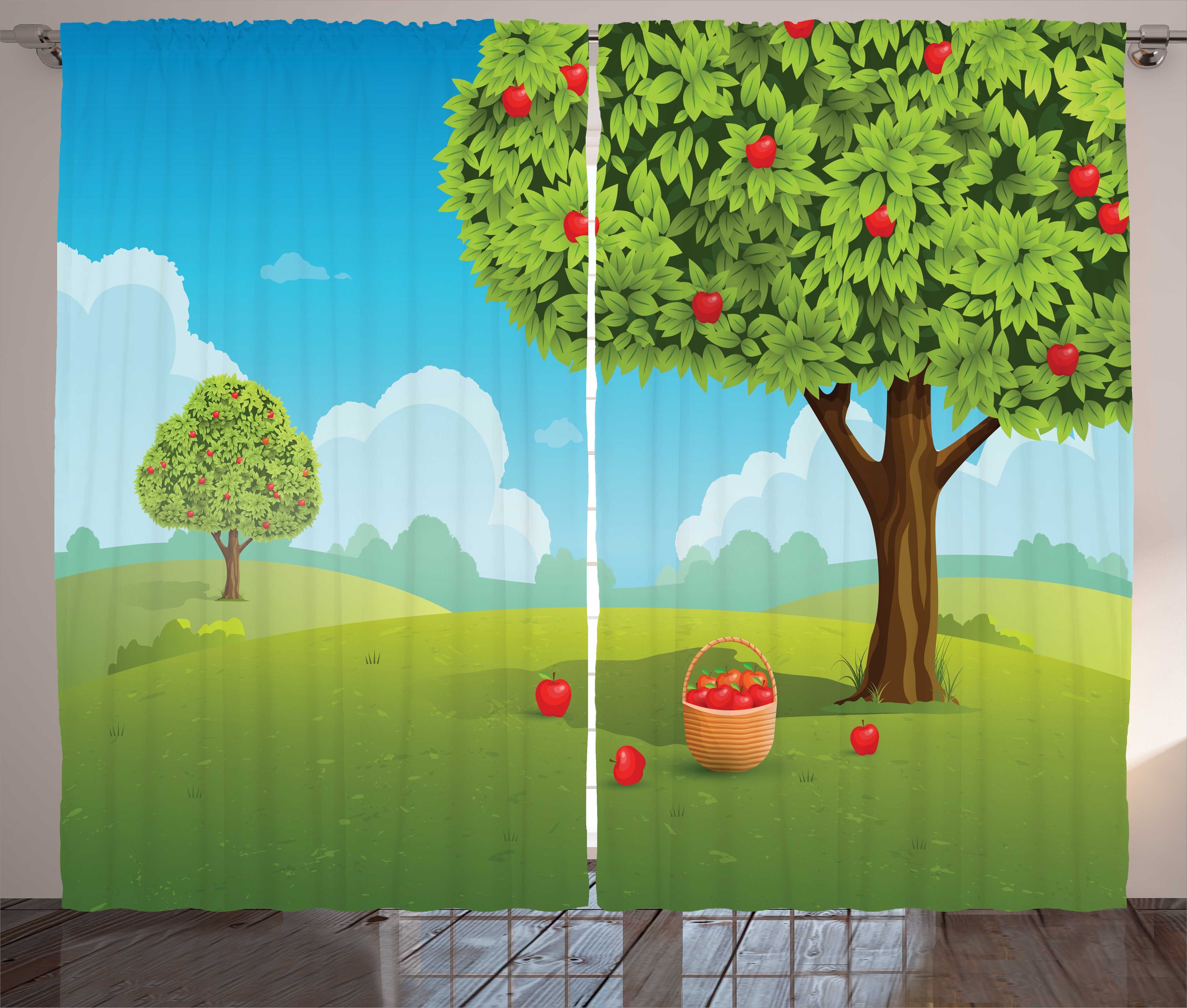 Gardine Schlafzimmer Kräuselband Vorhang mit Schlaufen und Haken, Abakuhaus, Land Korb in einem Apfelgarten | Fertiggardinen