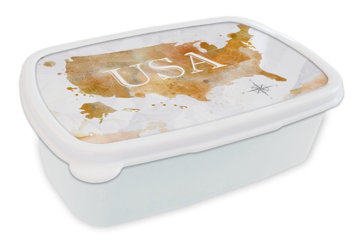 MuchoWow Lunchbox Vereinigte Staaten - Weltkarte - Ölfarbe, Kunststoff, (2-tlg), Brotbox für Kinder und Erwachsene, Brotdose, für Jungs und Mädchen weiß
