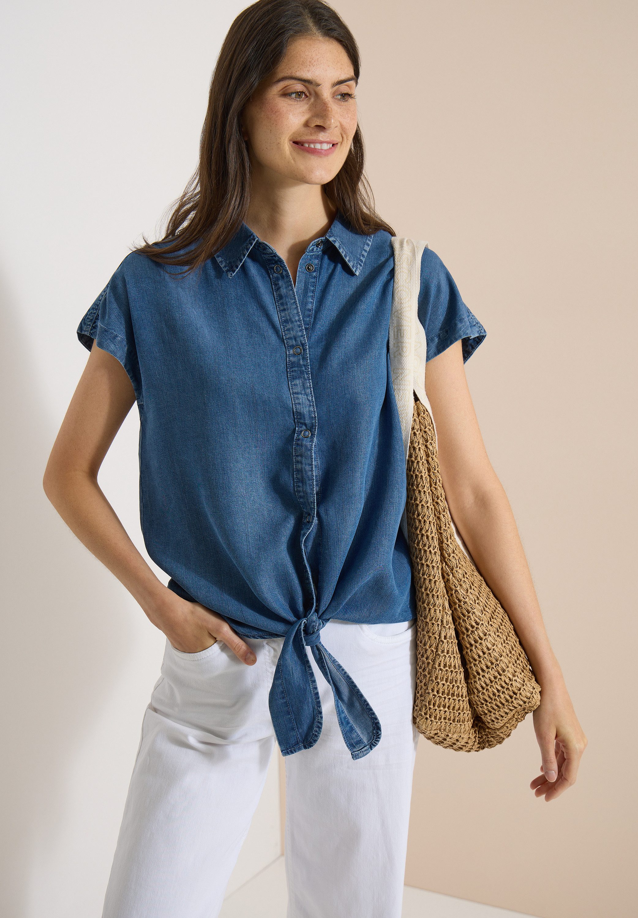 CECIL Hemdbluse Sommerbluse im Denim-Look / Knotendetail am Saum