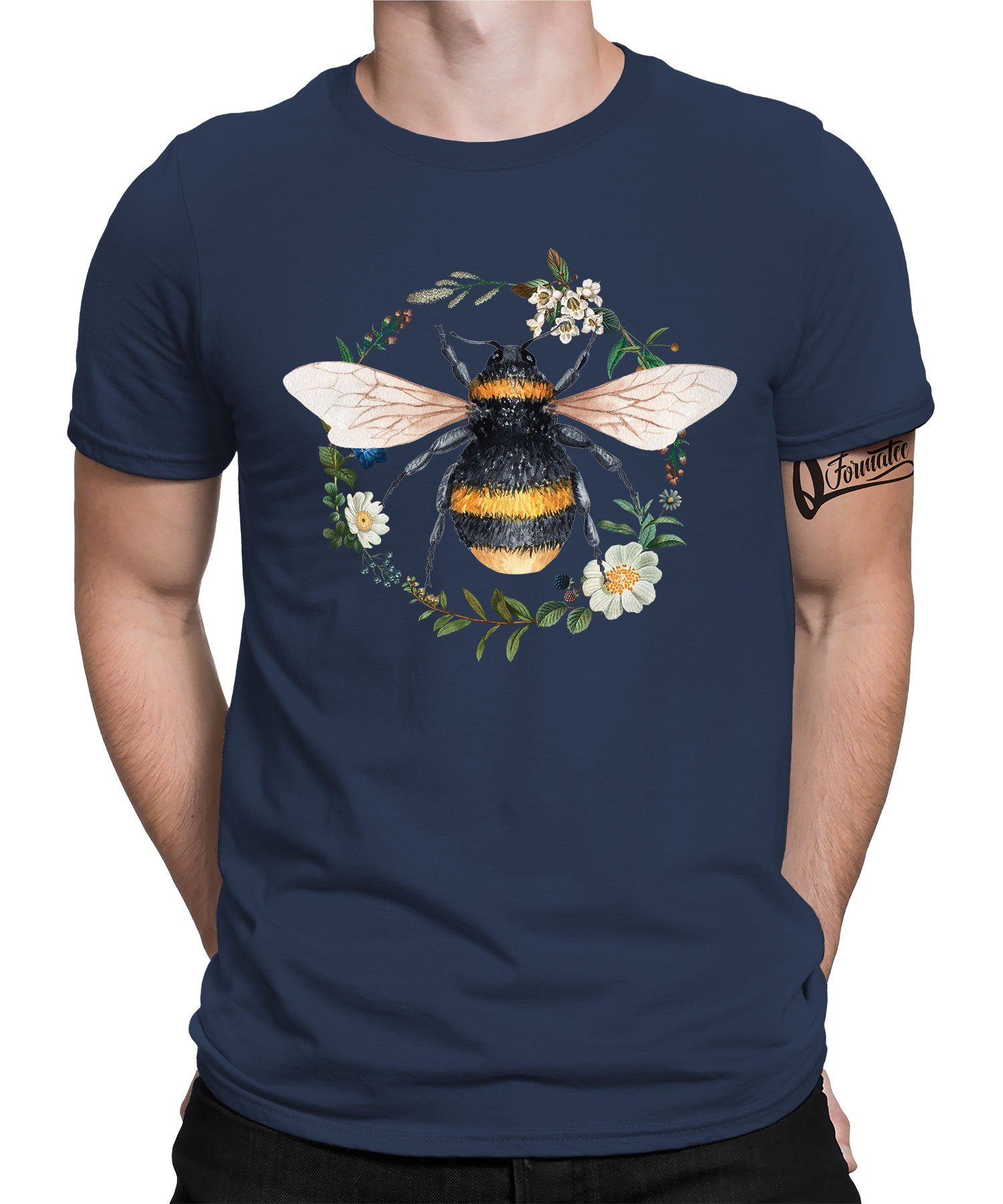Quattro Herren Imker Kurzarmshirt Formatee T-Shirt Honig Biene Navy Blumen (1-tlg) Blau