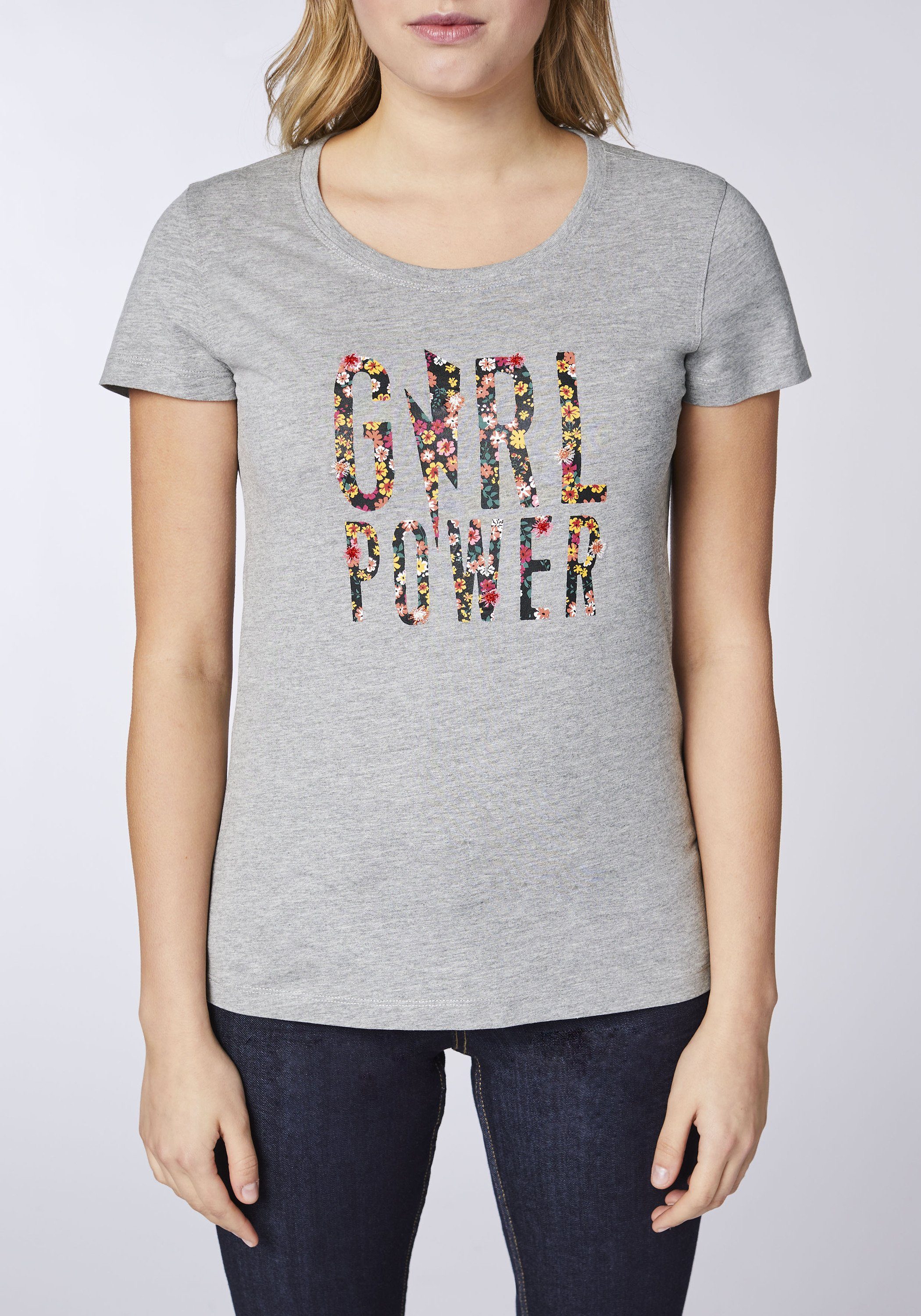 Oklahoma Jeans Print-Shirt Neutral 17-4402M mit Girl Print Power Melange Gray