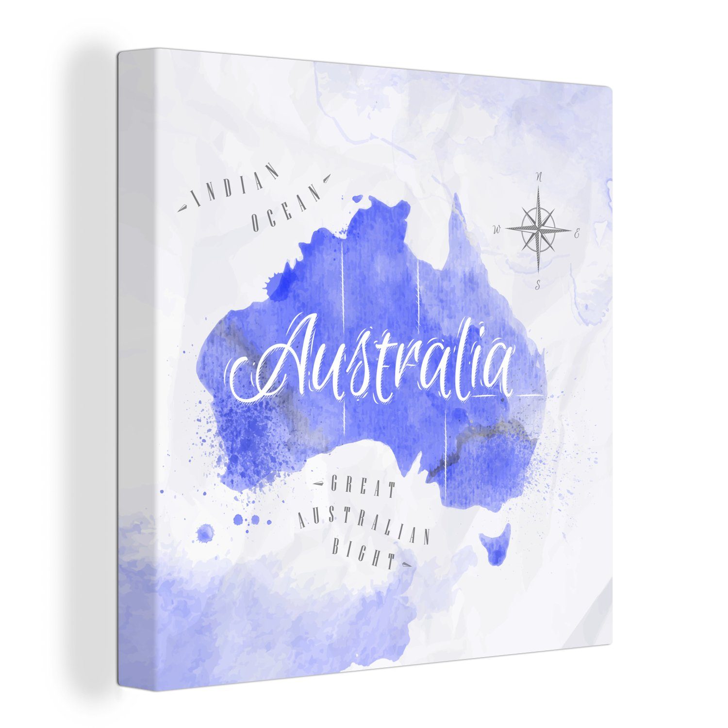 OneMillionCanvasses® Leinwandbild Weltkarte - Australien - Blau, (1 St), Leinwand Bilder für Wohnzimmer Schlafzimmer