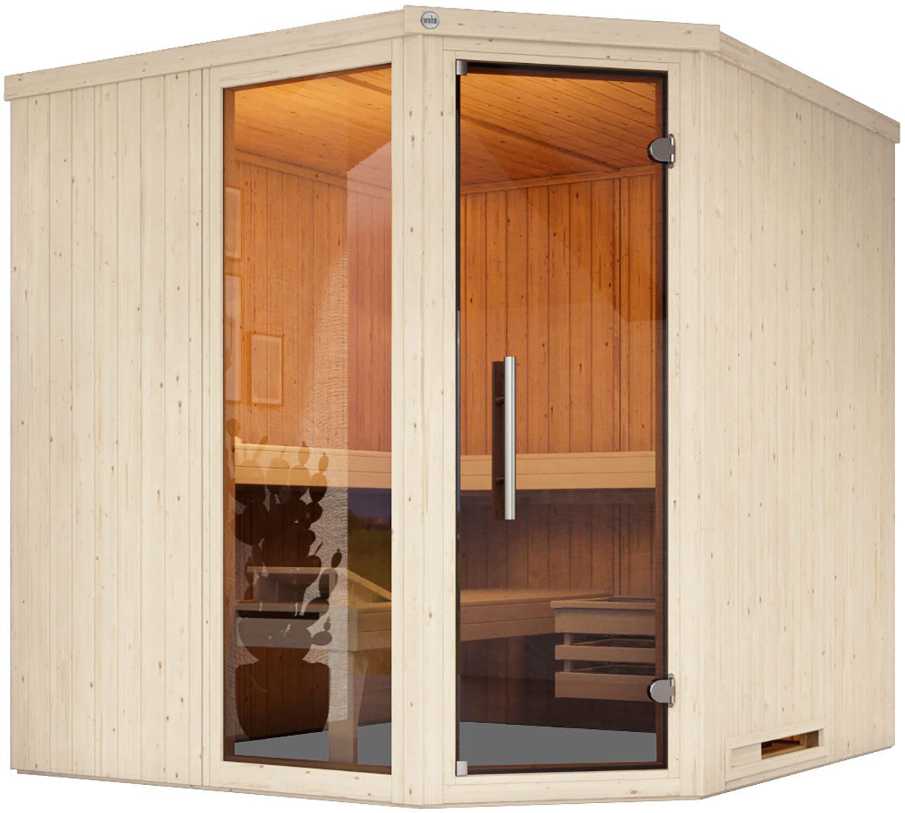 weka Sauna Element-Ecksauna VARBERG 3, BxTxH: 194 x 194 x 199 cm, 38 mm, vorgefertigte Elemente, moderne Ganzglastür, bodenl. Fensterelement