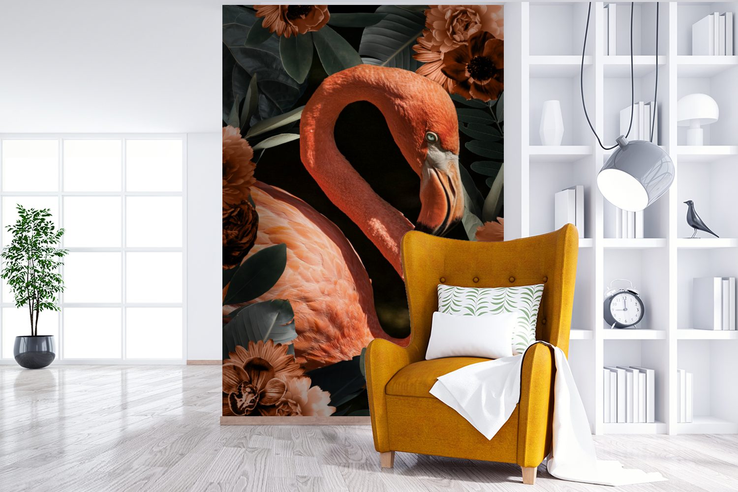 Flamingo - Fototapete Matt, Wandtapete Vinyl Rosa Tapete MuchoWow - Wohnzimmer, St), für bedruckt, Blätter, (3 Montagefertig