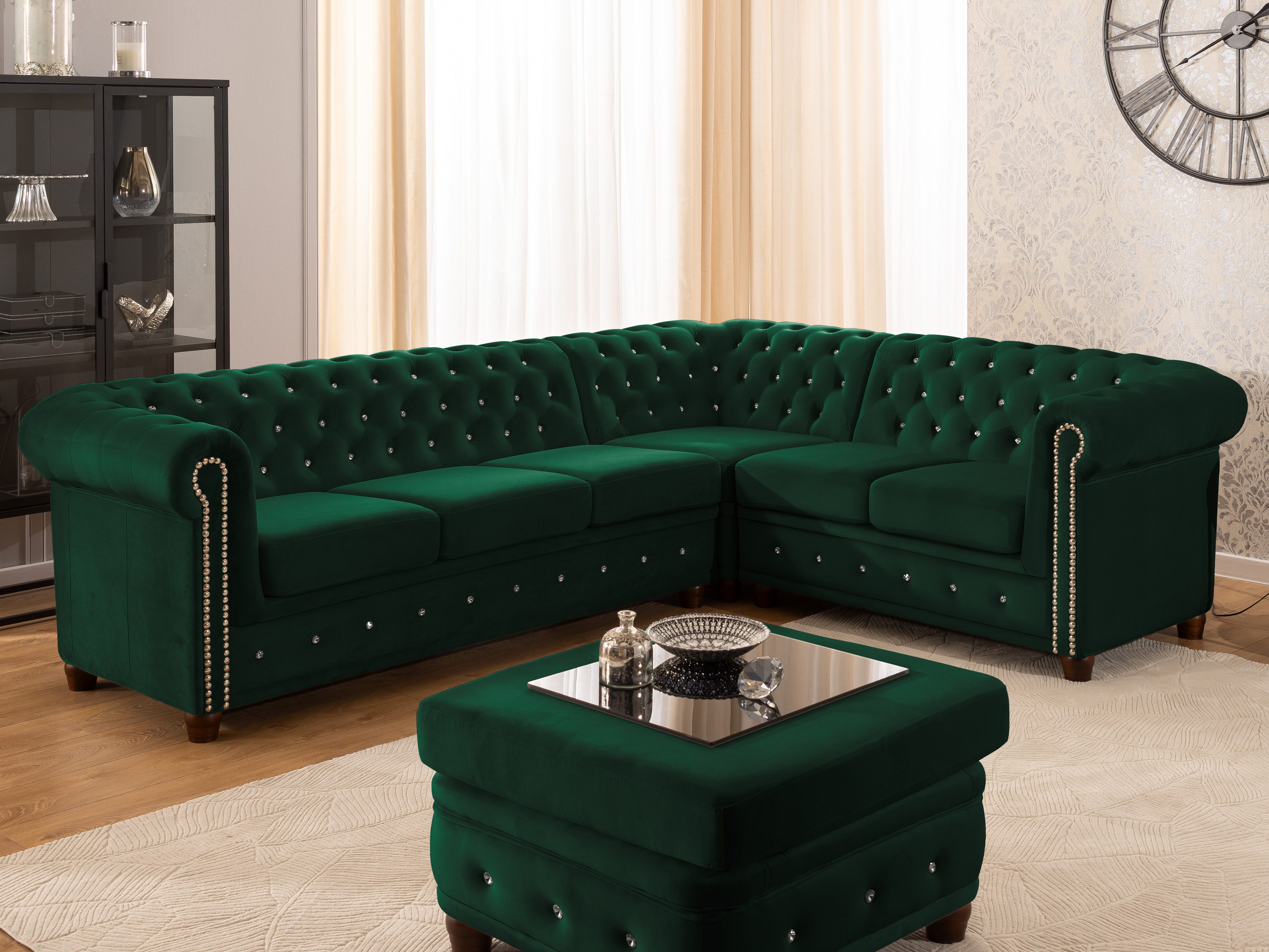 S-Style Möbel Ecksofa Chesterfield L-Form Cleo Blink aus Samt mit Kristallsteppung, mit Wellenfederung