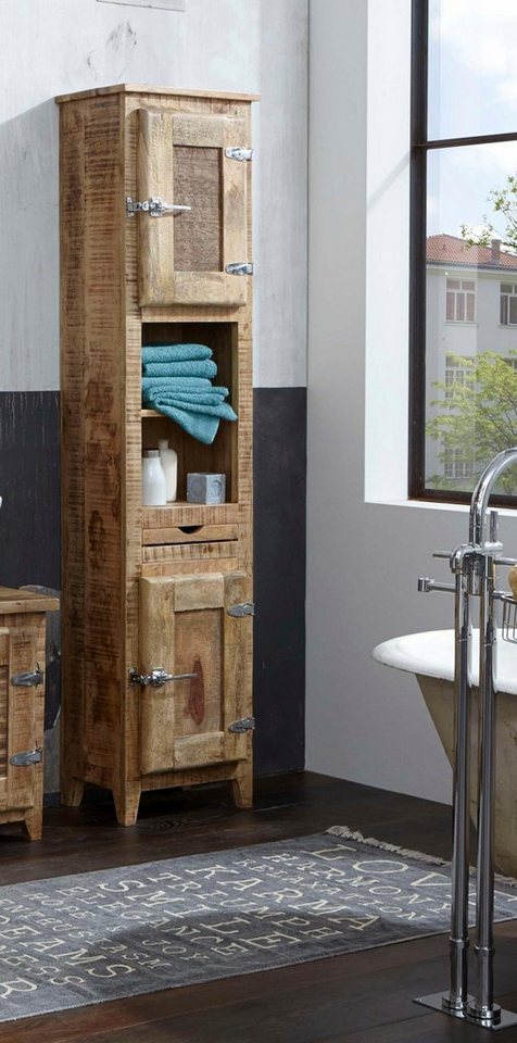 SIT Hochschrank Frigo Mangoholz im Antik-Look mit Kühlschrankgriffen, Höhe  187 cm, Toller Materialmix aus Mangoholz und Metall