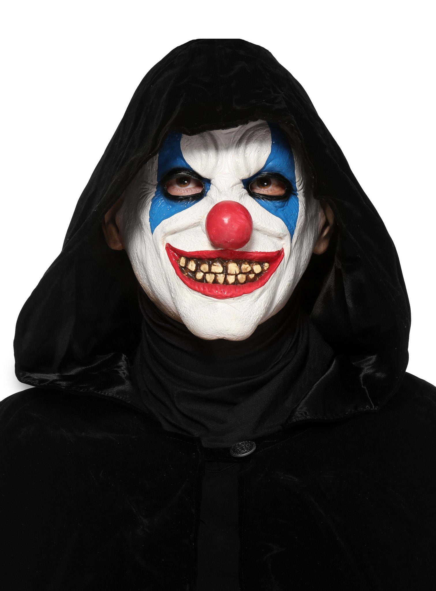 Maskworld Kostüm Psycho Clown mit schwarzem Umhang, 2-teiliges Set zur schnellen, gruseligen Verwandlung