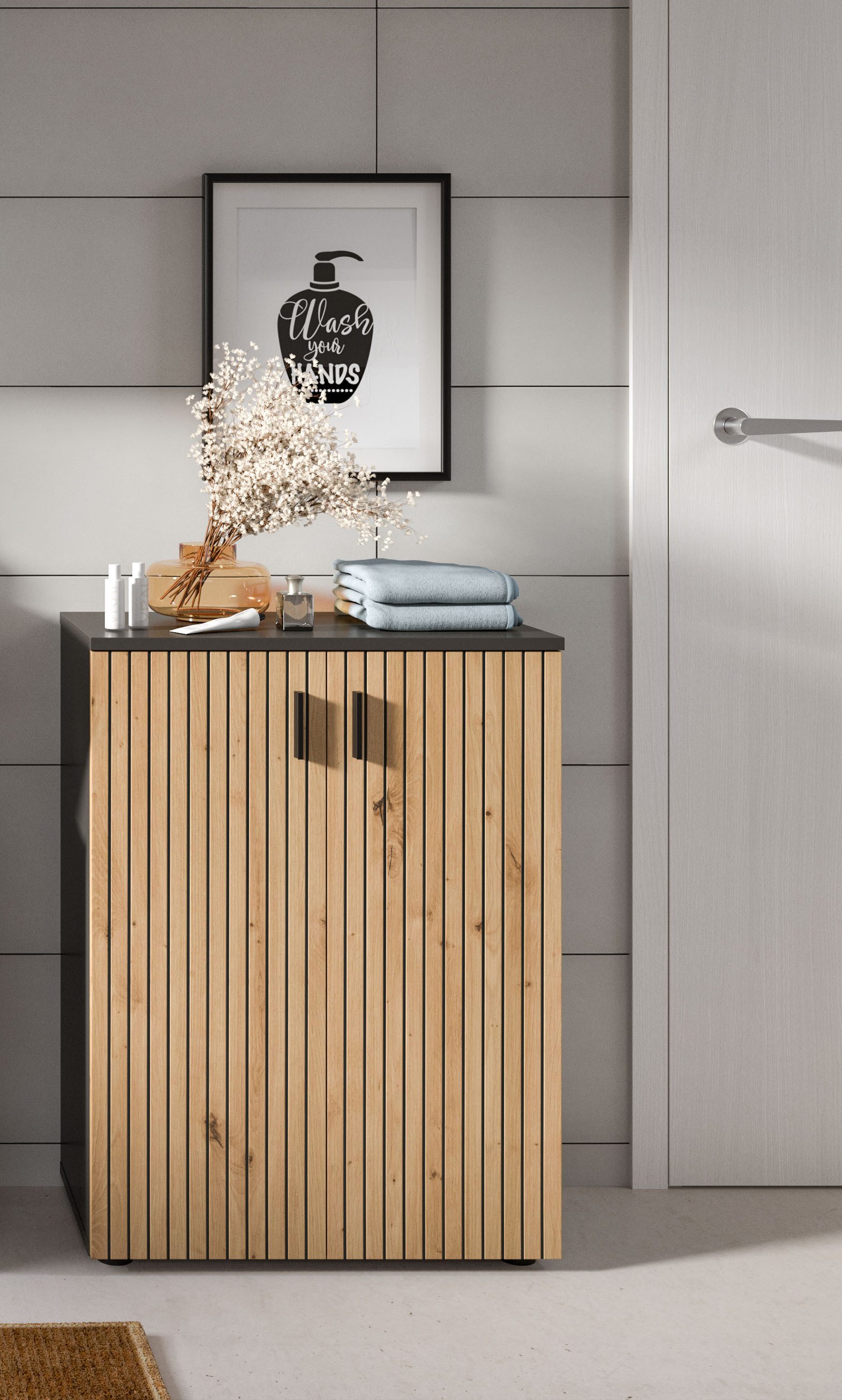 welltime Stauraumschrank MANI, Höhe: 81 cm, Paneeloptik, 2 Türen, 3 Fächer (1-St) Badezimmerschrank, Badschrank, Bad, Badezimmer