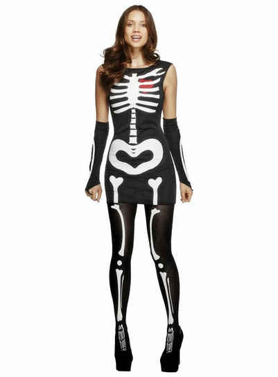 Smiffys Kostüm Heart & Bones Skelettkleid, Süßes Halloweenkleid mit Knochenaufdruck