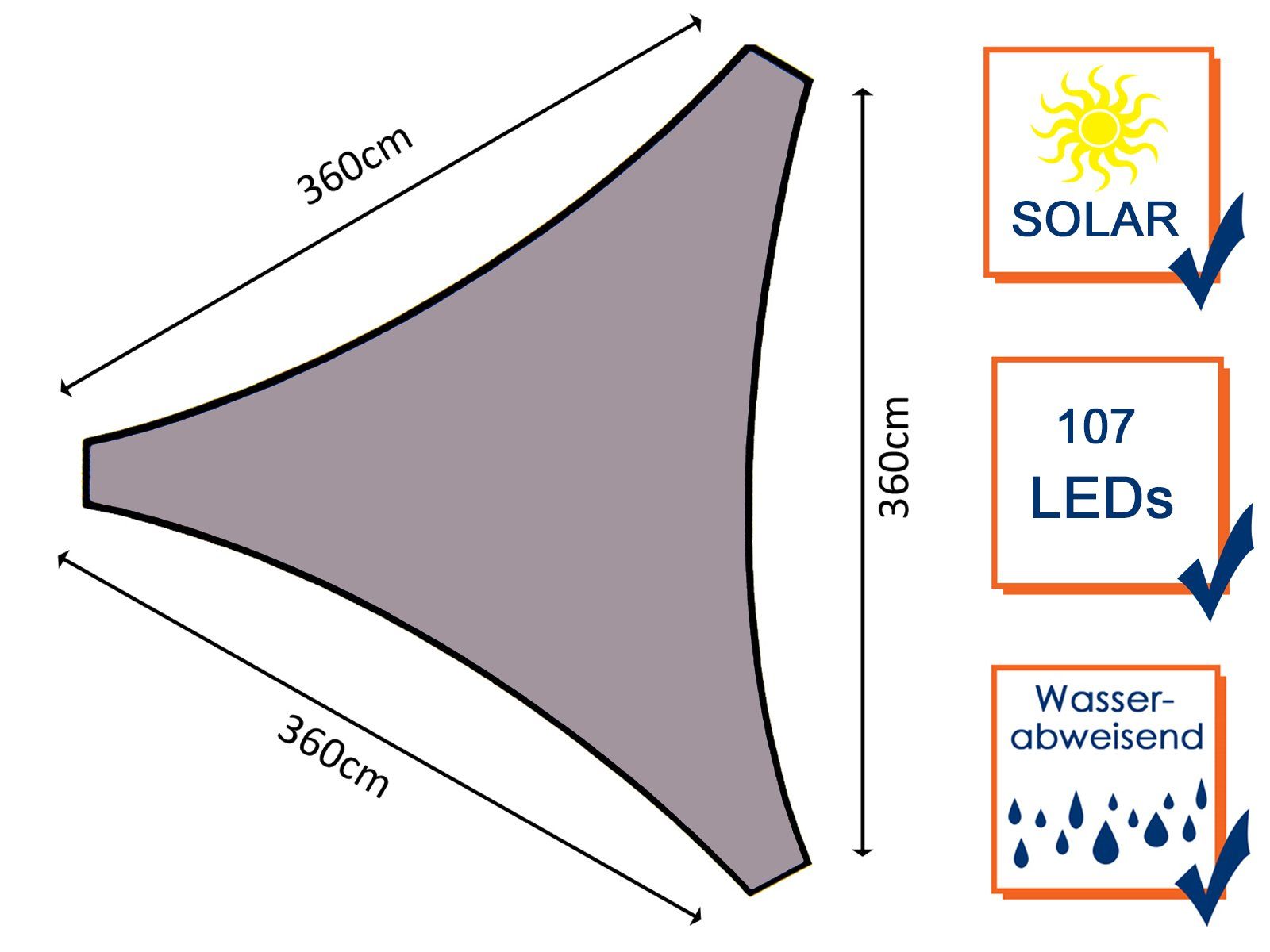 PEREL Sonnensegel, dreieckig Dreiecksegel Solar LED Licht Garten Sonnenschutz-Segel 5,6m²