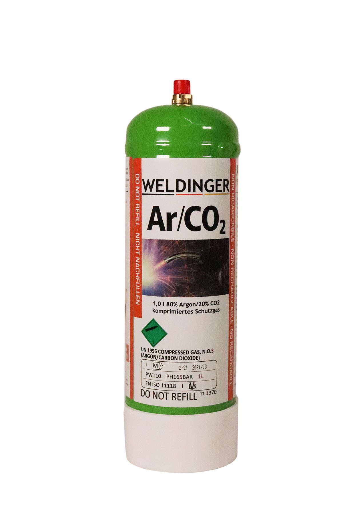 WELDINGER Gas Ar/CO2 Mischgas 1 l Einwegflasche 110 Liter MAG-Schweißen 20%CO2/80%Ar, MAG-Schweißen