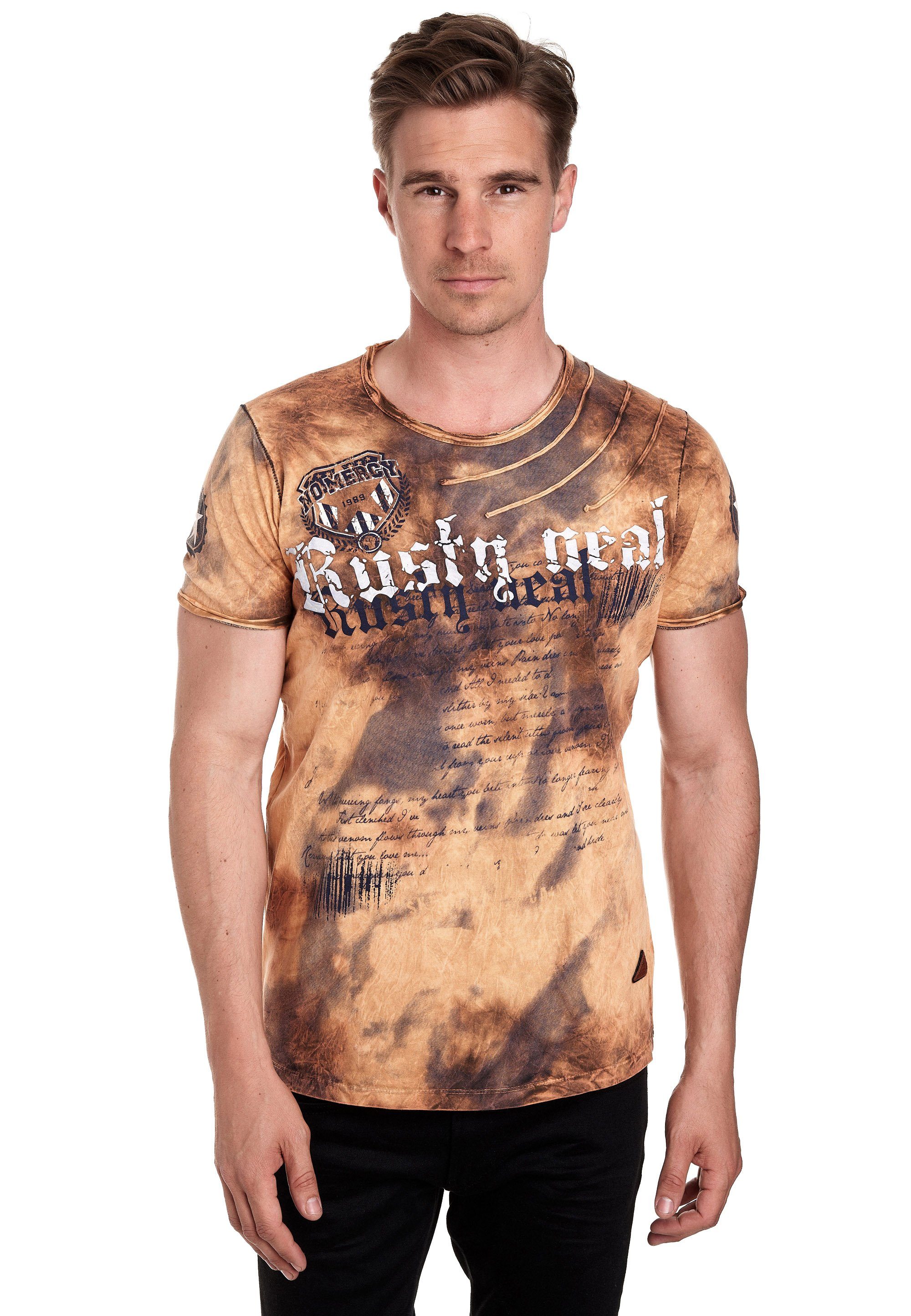Rusty Neal T-Shirt mit toller Batik-Optik camelfarben
