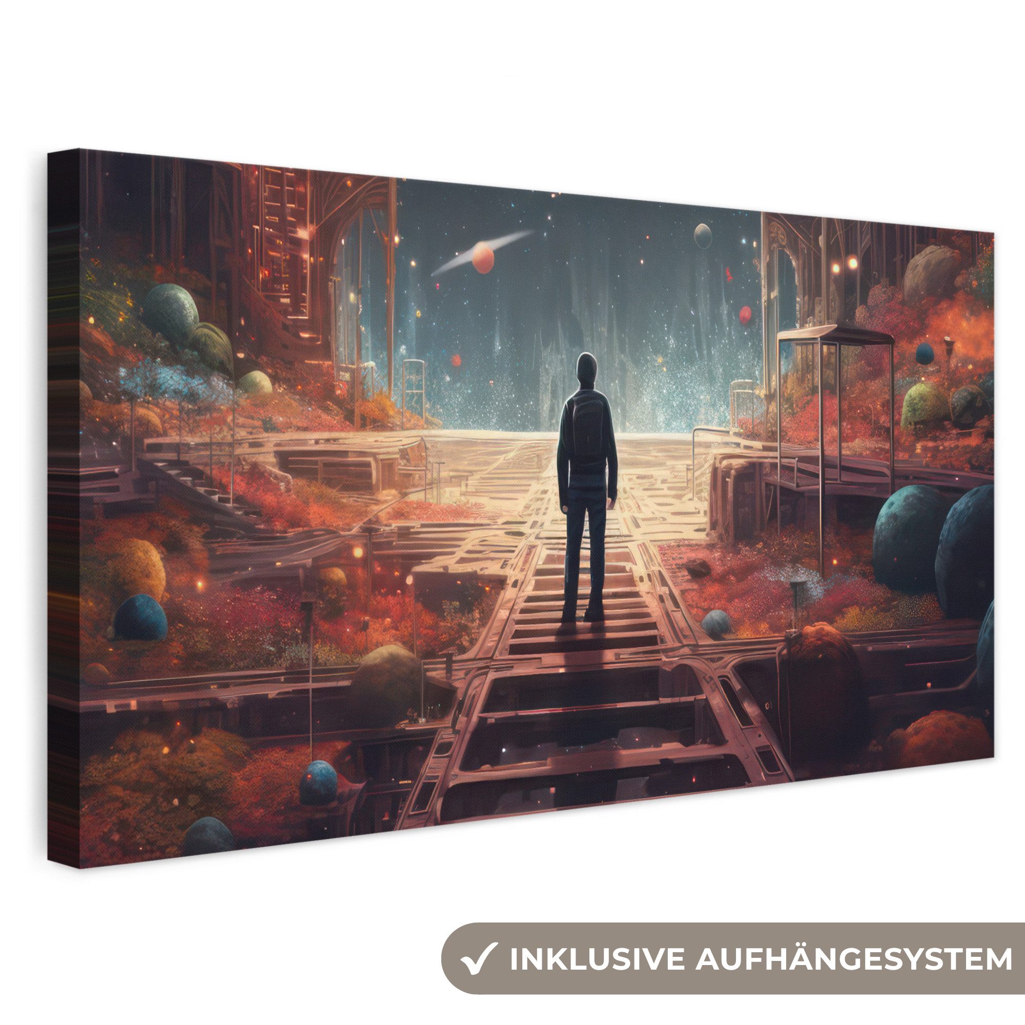 OneMillionCanvasses® Leinwandbild Panorama Außerirdisch - Astronaut - Planeten - Weltraum, Fotodruck (1 St), Gaming Bilder, Wandbild Gamingzimmer, Deko Wandbilder Gamer 40x20 cm