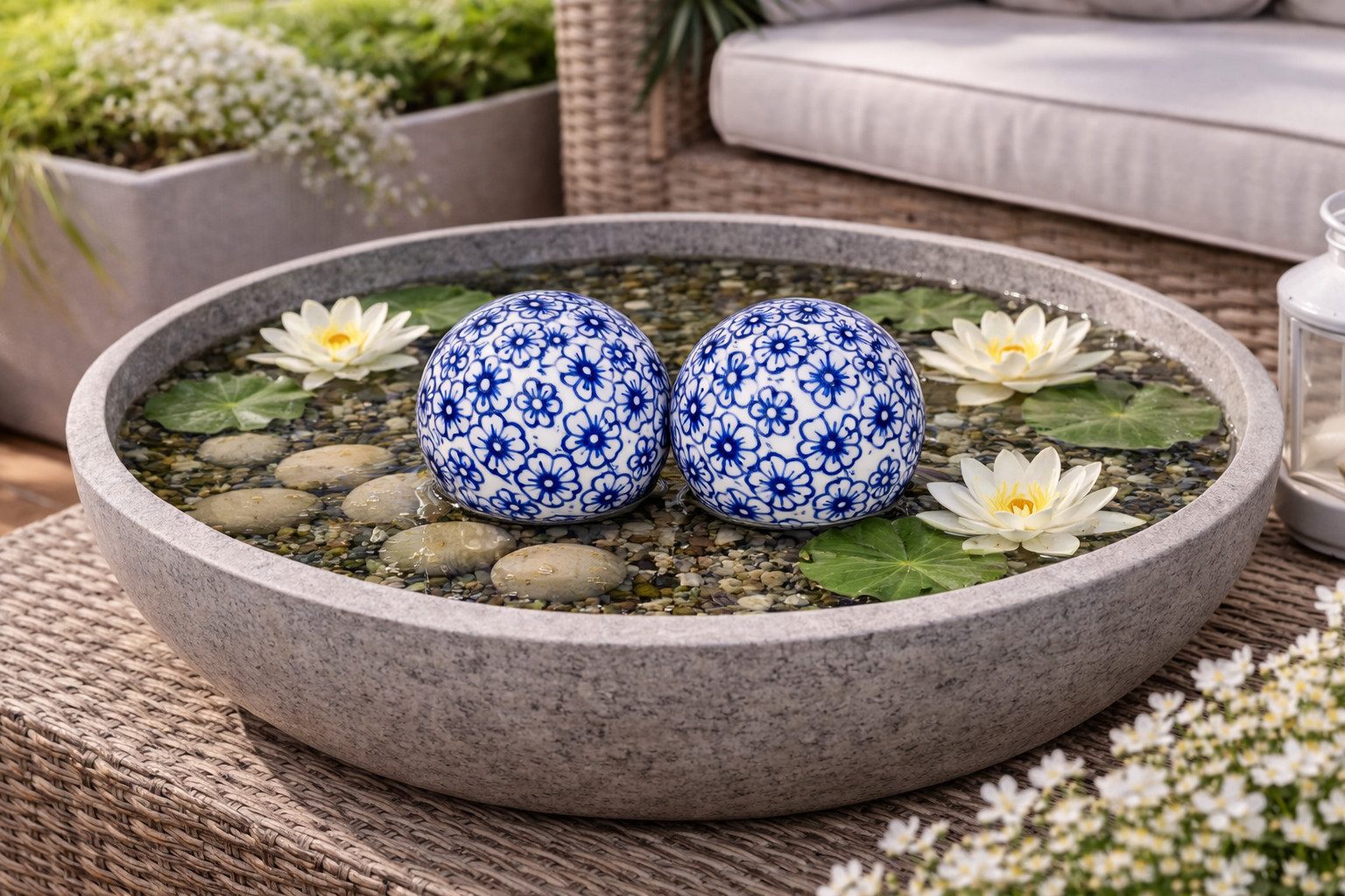 finehomegarden Teichfigur Schwimmkugel blau/weiß Ø4cm/Ø6cm/Ø7,5cm Blüten Porzellan Deko, (Set), Schwimmende Kugeln für Teich, Brunnen & Wasserschalen 3Größen wä – Bild 4 von 5