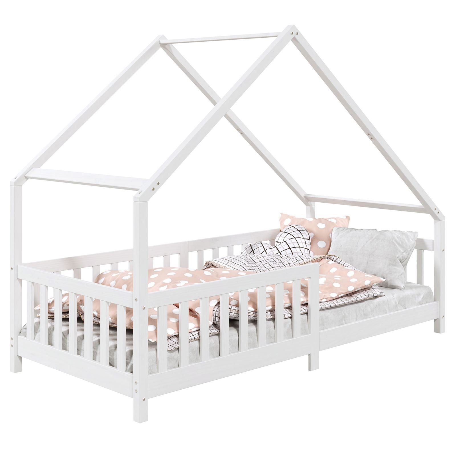 IDIMEX Kinderbett CORA, Hausbett Tipibett Kinderbett Montessori Bett Kiefer 90 x 200 mit Rausf weiß