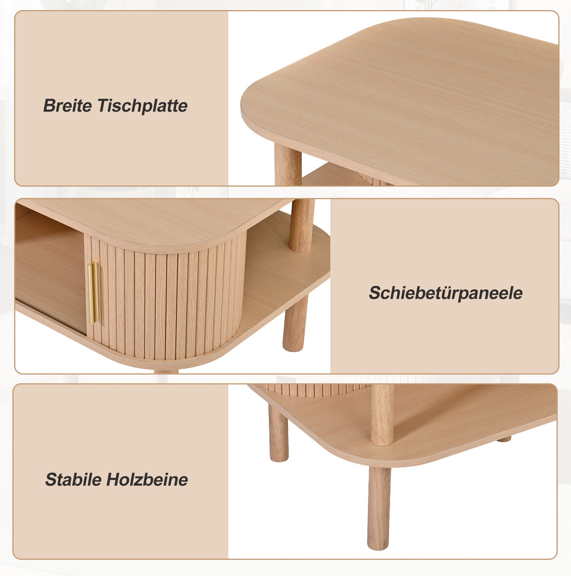 REDOM Couchtisch Skandinavischer Tisch mit geriffelter Schiebetür & Holzbeinen (Packung, 1-St., Natur, 110×55×45 cm, MDF, für Wohnzimmer), abgerundete Kanten, natürliche Optik