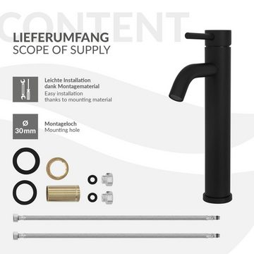LuxeBath Waschtischarmatur Wasserhahn Mischbatterie Einhebelmischer Armaturen Schwarz Matt Messing Rund mit Zugstange
