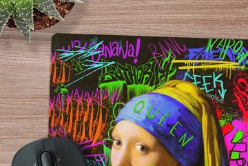 MuchoWow Gaming Mauspad Girl with a Pearl Earring - Neon - Graffiti (1-St), Mousepad mit Rutschfester Unterseite, Gaming, 40x40 cm, XXL, Großes